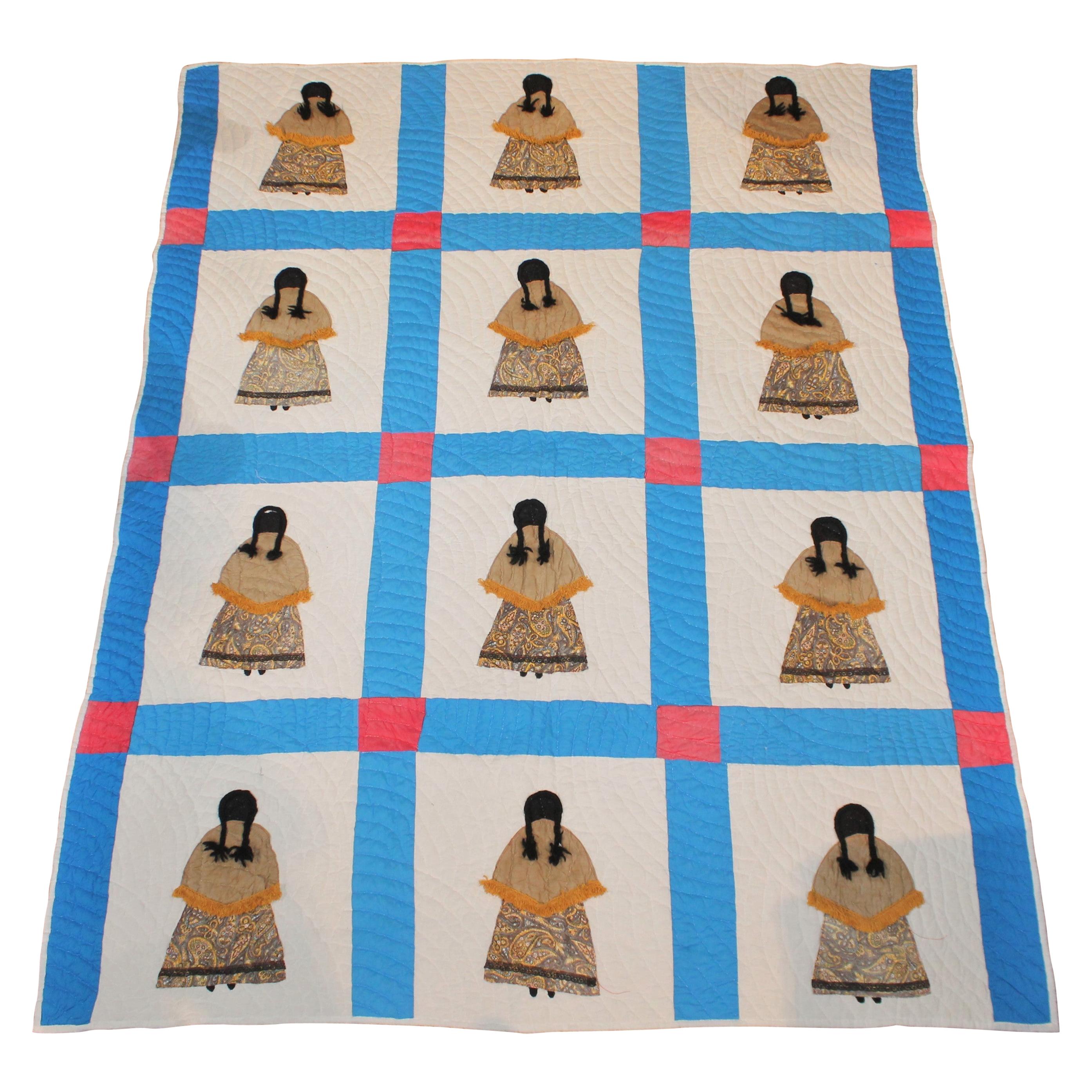 Rare Pictorial Indian Girl Applique Quilt from Oklahoma
