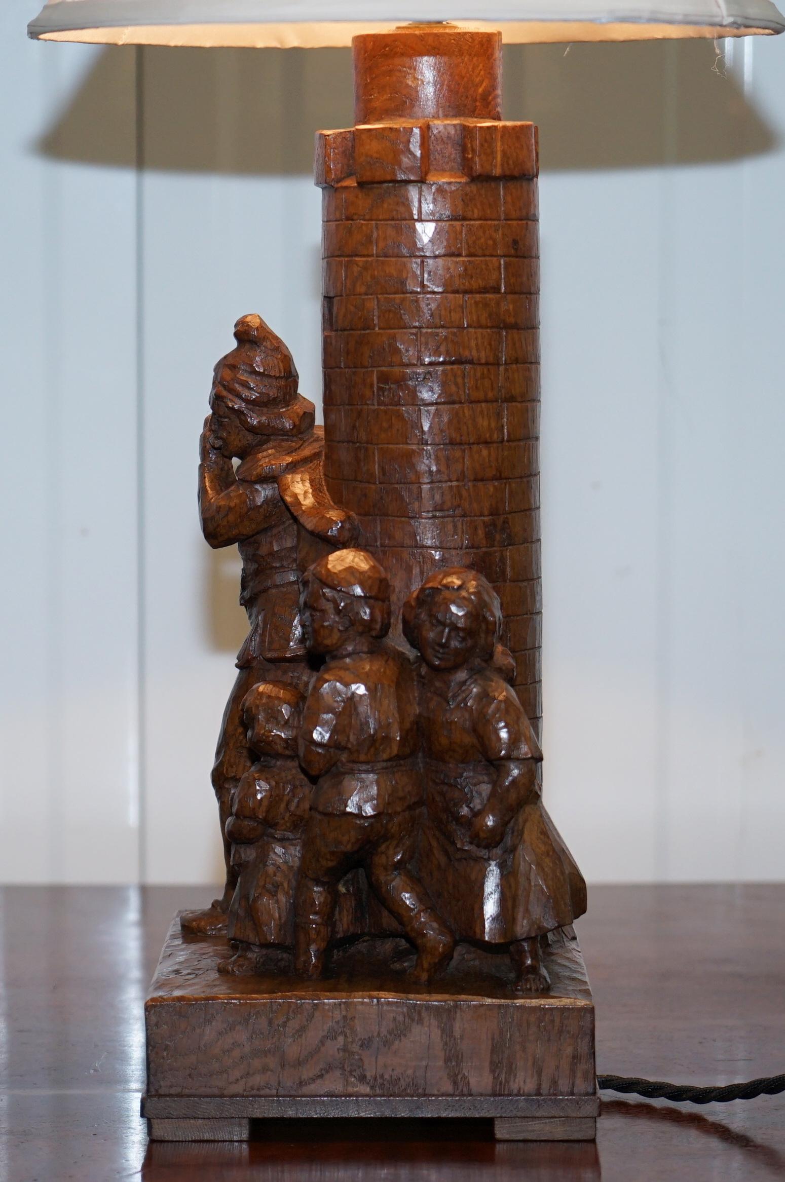 Rare Pied Piper of Hamelin Black Forest Carved Wood Arts & Crafts Table Lamp 10