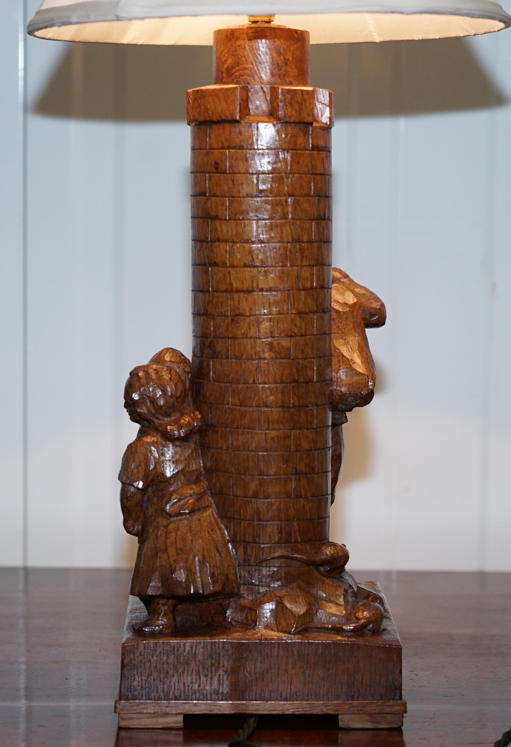 Rare Pied Piper of Hamelin Black Forest Carved Wood Arts & Crafts Table Lamp 13