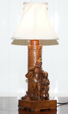 Rare Pied Piper of Hamelin Black Forest Carved Wood Arts & Crafts Table Lamp