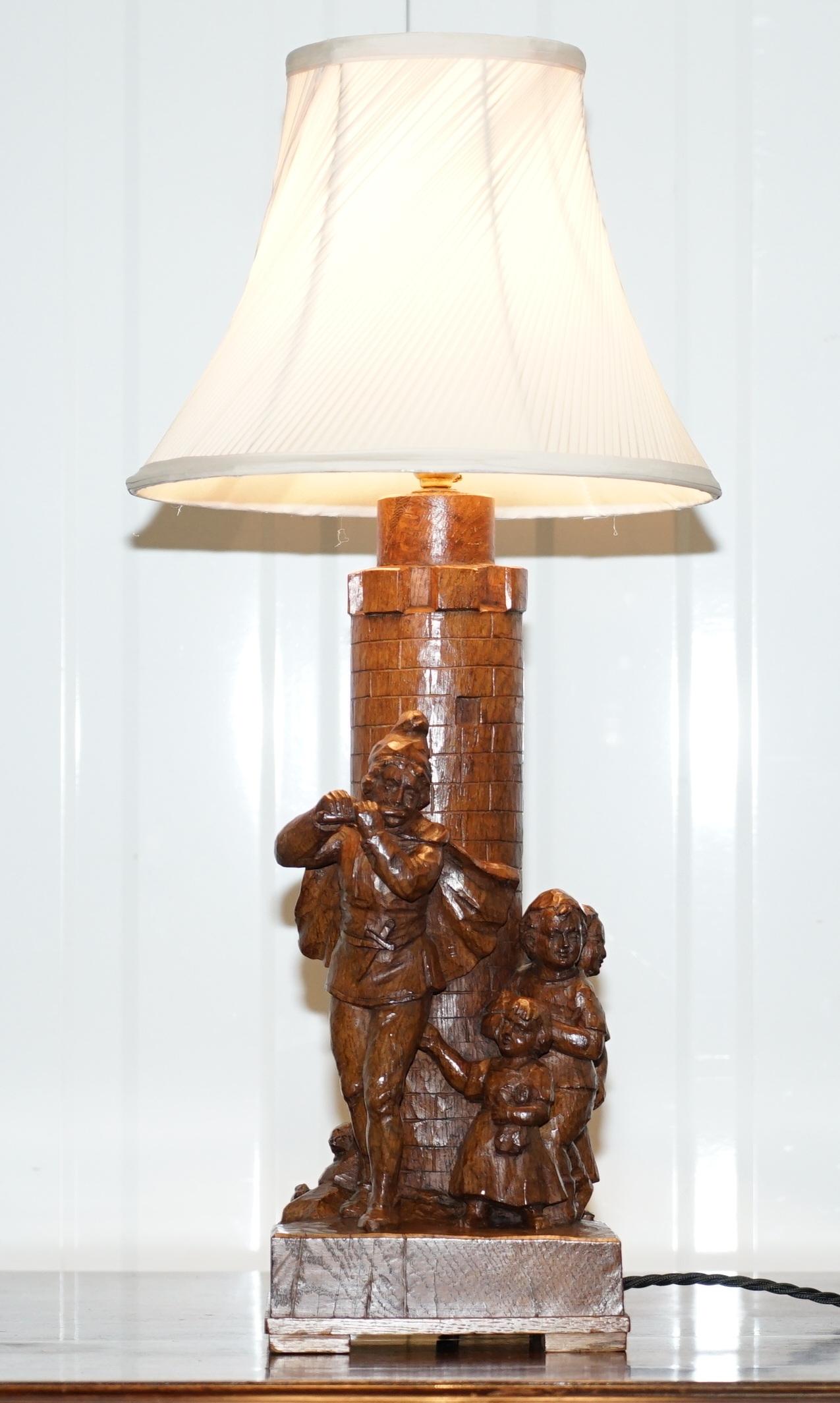 English Rare Pied Piper of Hamelin Black Forest Carved Wood Arts & Crafts Table Lamp