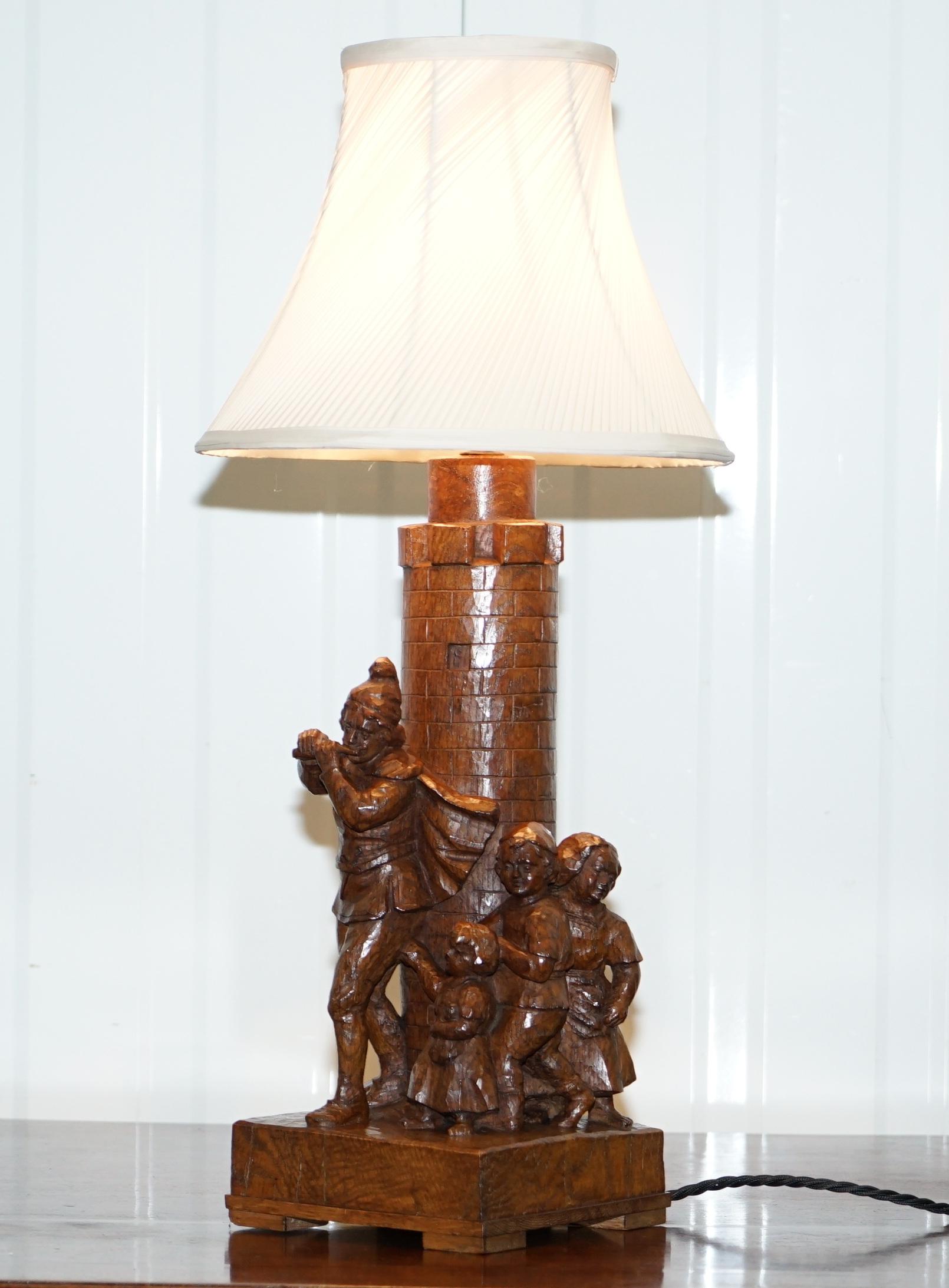Hand-Carved Rare Pied Piper of Hamelin Black Forest Carved Wood Arts & Crafts Table Lamp