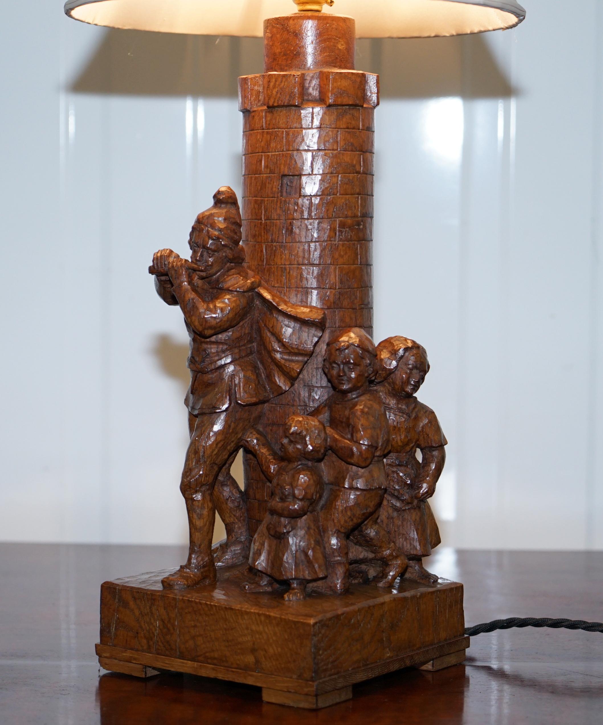 20th Century Rare Pied Piper of Hamelin Black Forest Carved Wood Arts & Crafts Table Lamp