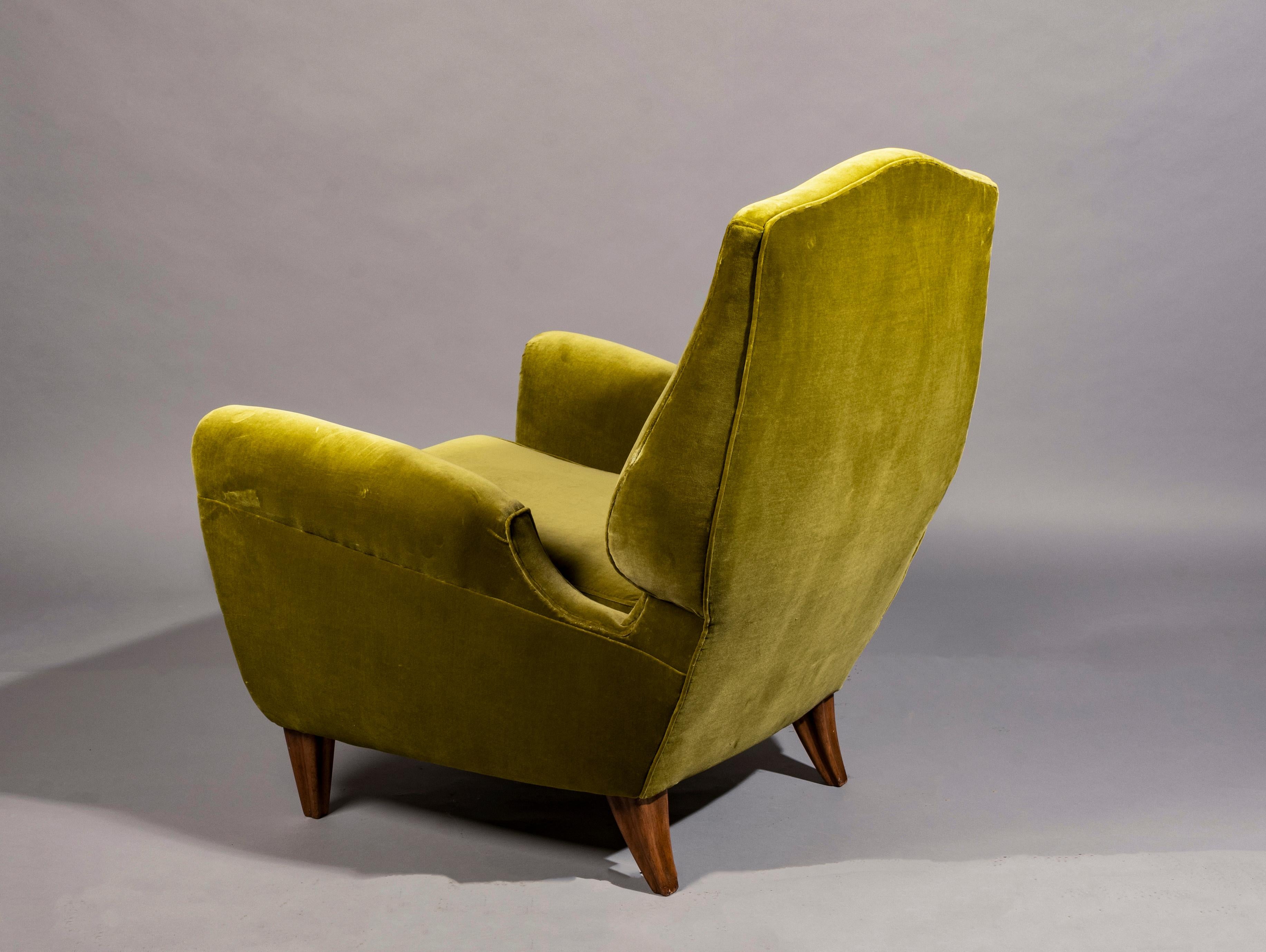 Lounge chair by Pierluigi Colli, designed for his personal home in Turin, Italy 1950s, sculptural form, cherrywood legs, reupholstered in Lelievre cotton velvet, in chartreuse green, how originally designed.