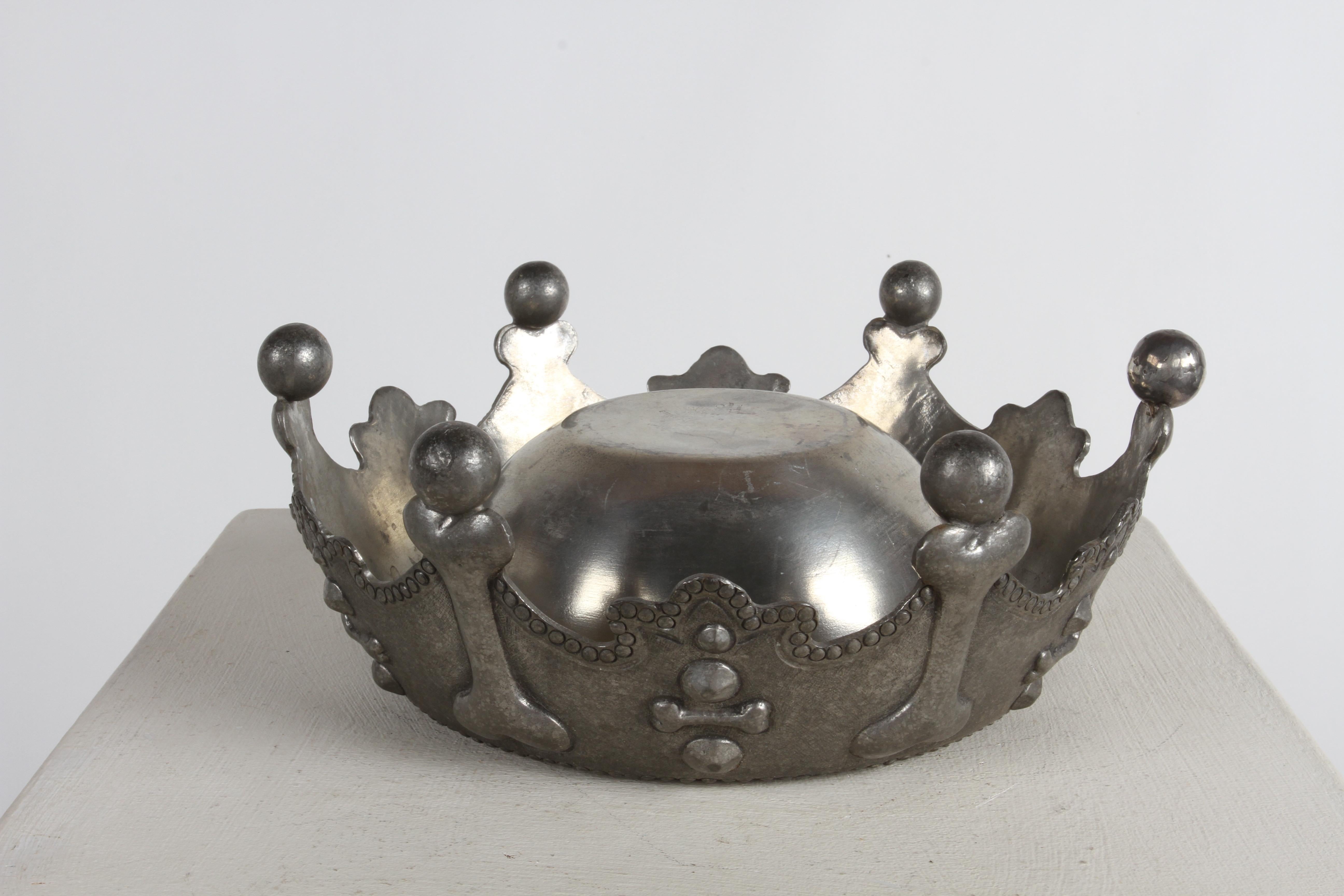 Rare Piero Figura for Atena Pewter Glass Lined Crown Dog Bowl - Dog Bone Motif  For Sale 4