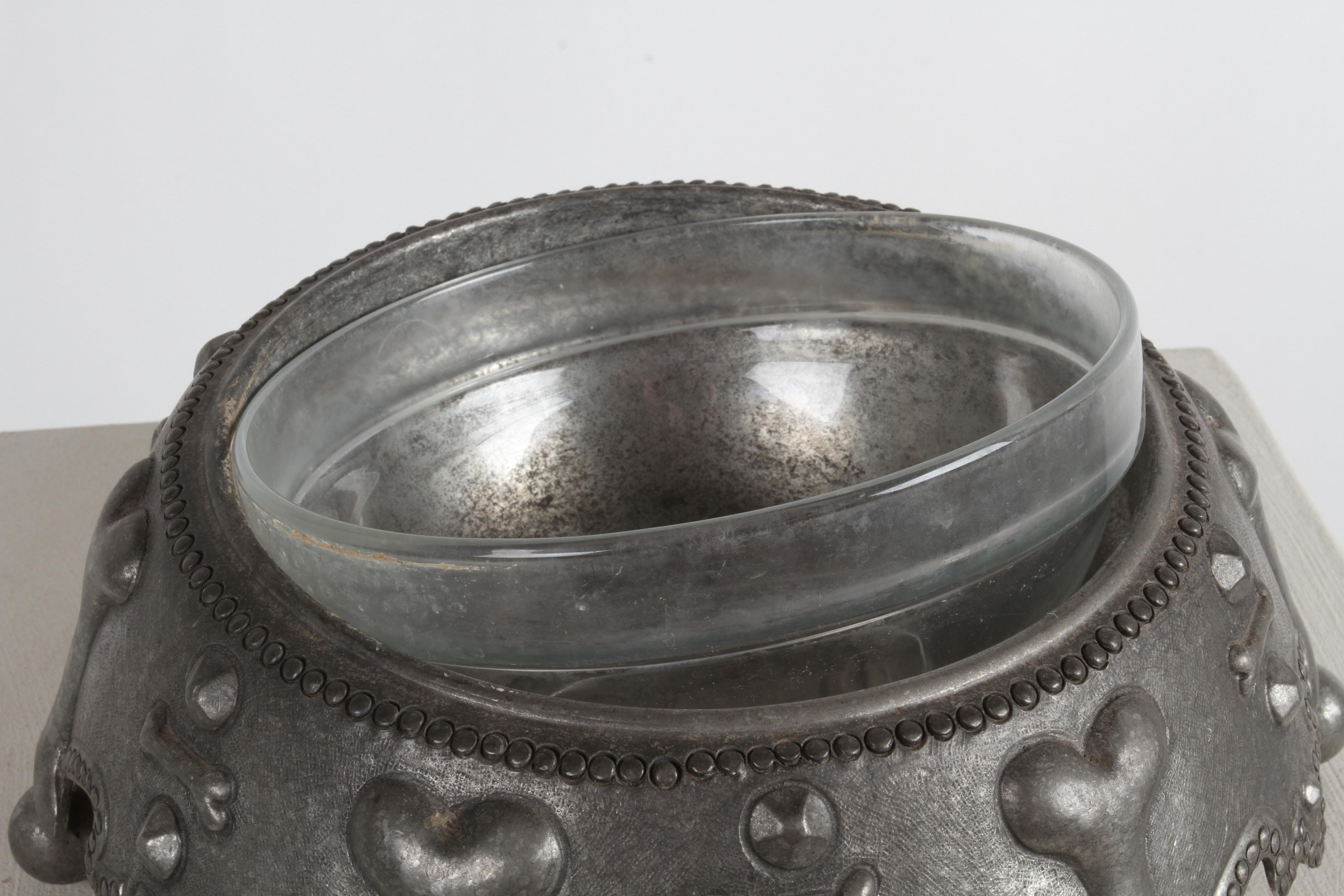 Rare Piero Figura for Atena Pewter Glass Lined Crown Dog Bowl - Dog Bone Motif  For Sale 5
