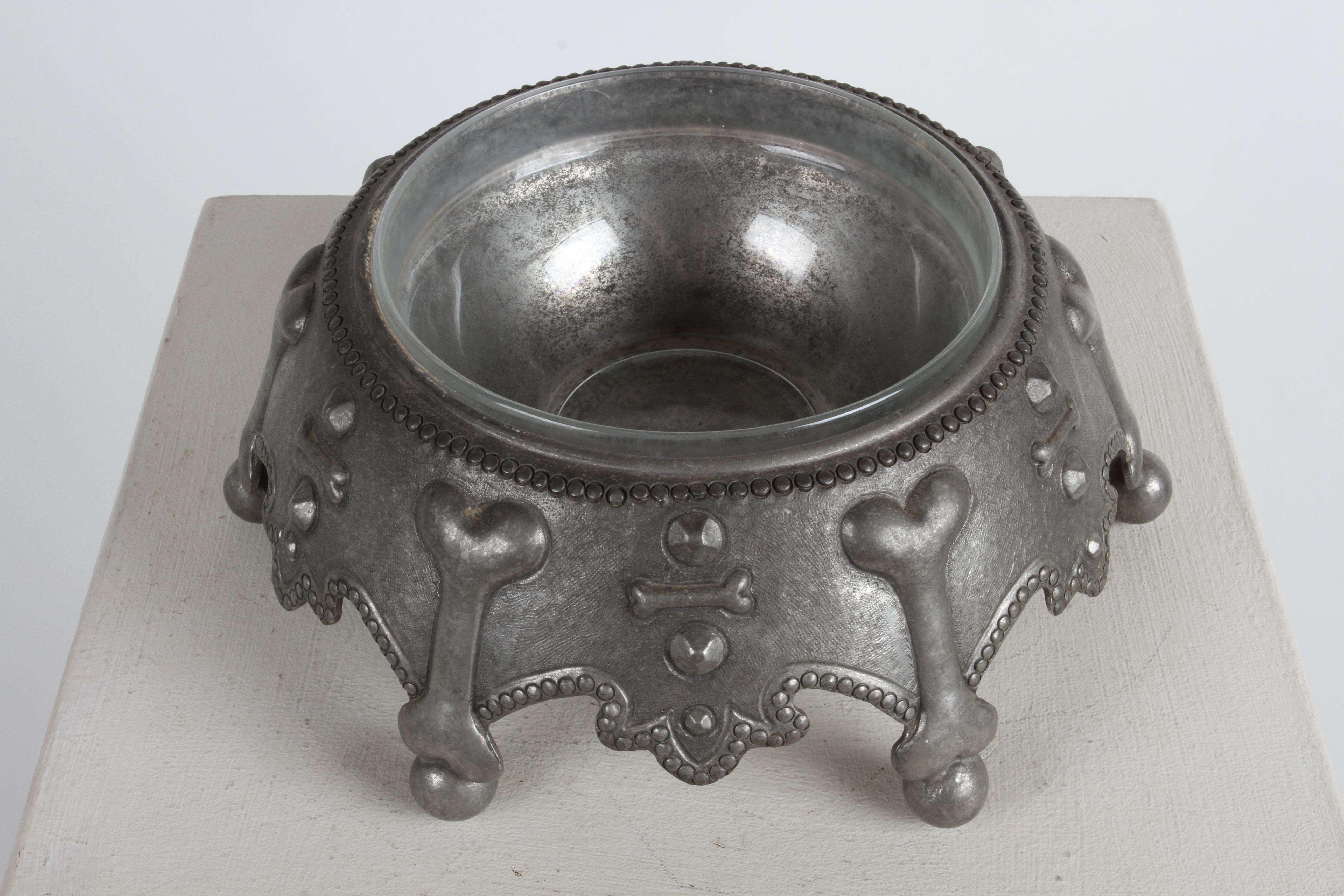 Italian Rare Piero Figura for Atena Pewter Glass Lined Crown Dog Bowl - Dog Bone Motif  For Sale