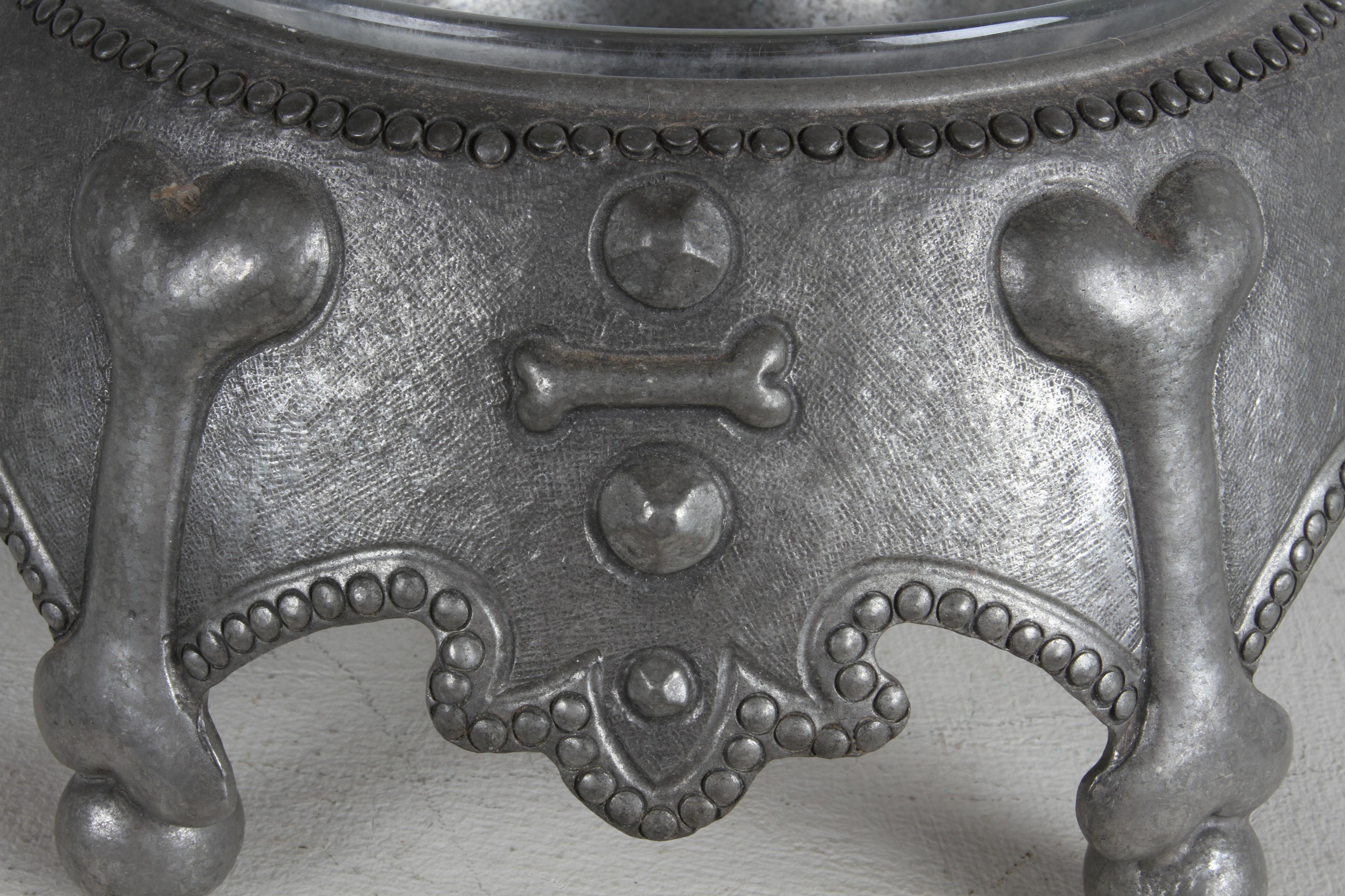 Rare Piero Figura for Atena Pewter Glass Lined Crown Dog Bowl - Dog Bone Motif  For Sale 1
