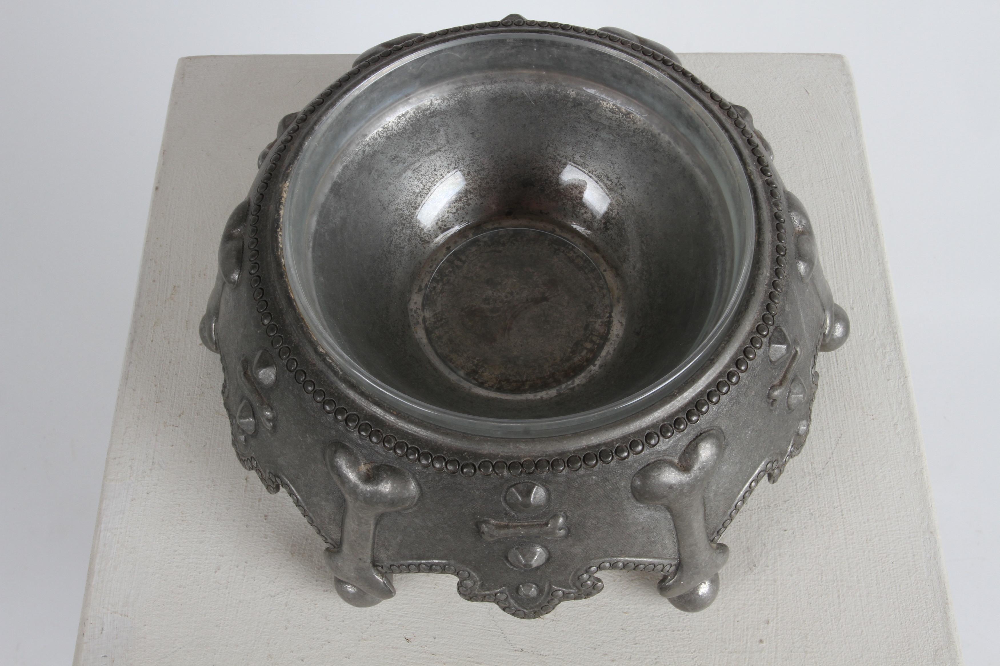 Rare Piero Figura for Atena Pewter Glass Lined Crown Dog Bowl - Dog Bone Motif  For Sale 2