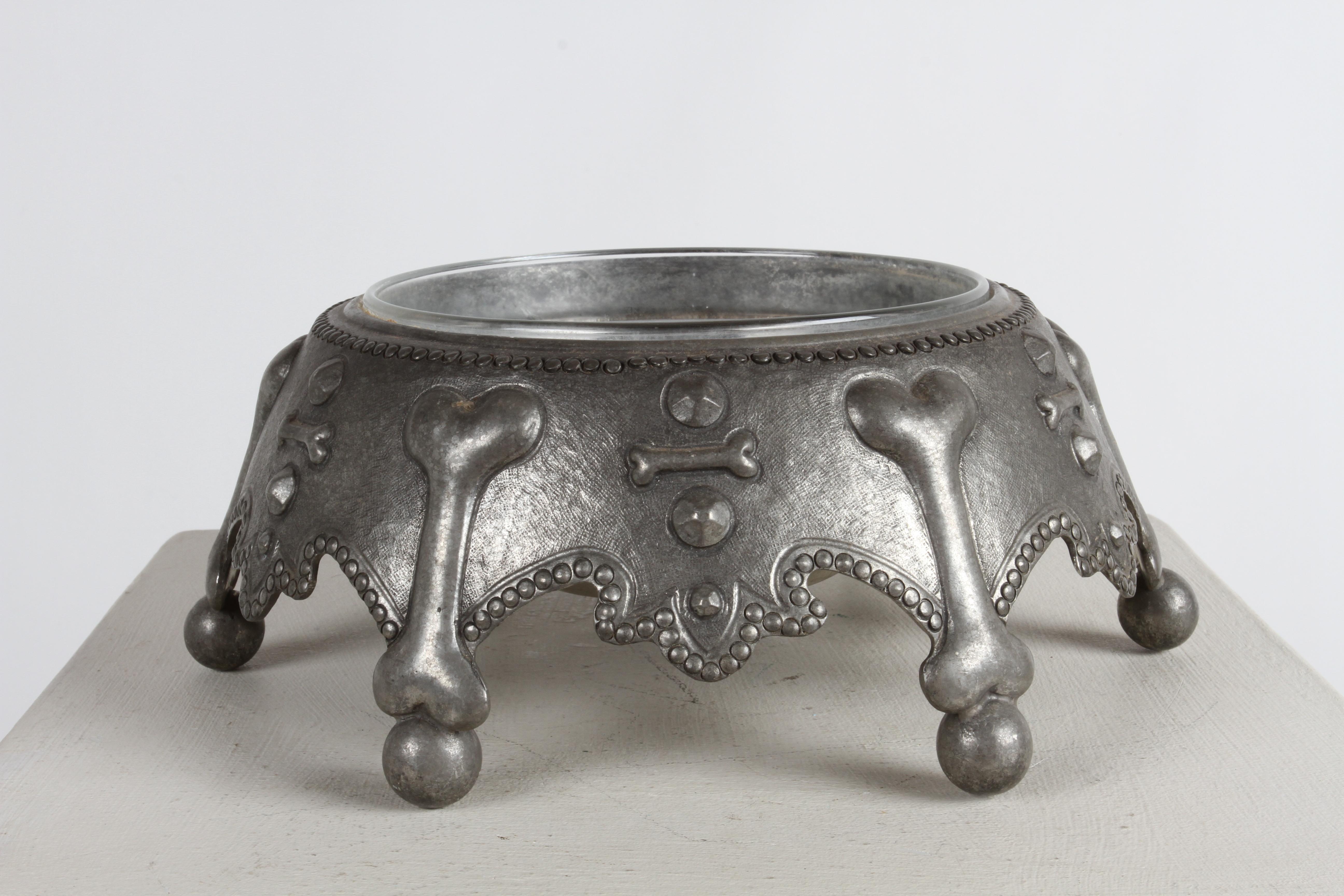 Rare Piero Figura for Atena Pewter Glass Lined Crown Dog Bowl - Dog Bone Motif  For Sale 3