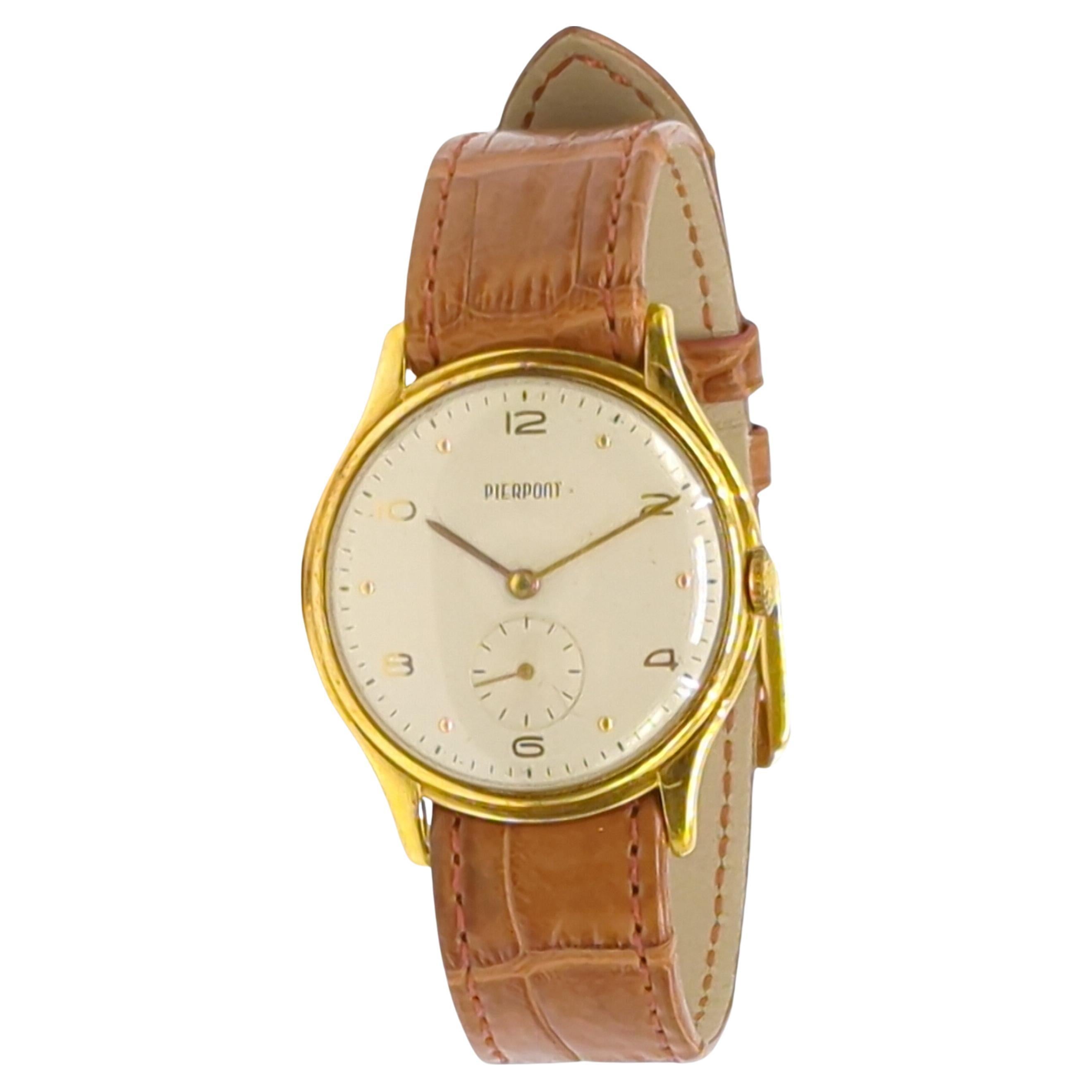 Rare 40s Pierpont 18k Solid Yellow Gold Subdial Dress Watch New Brown Croco Band For Sale
