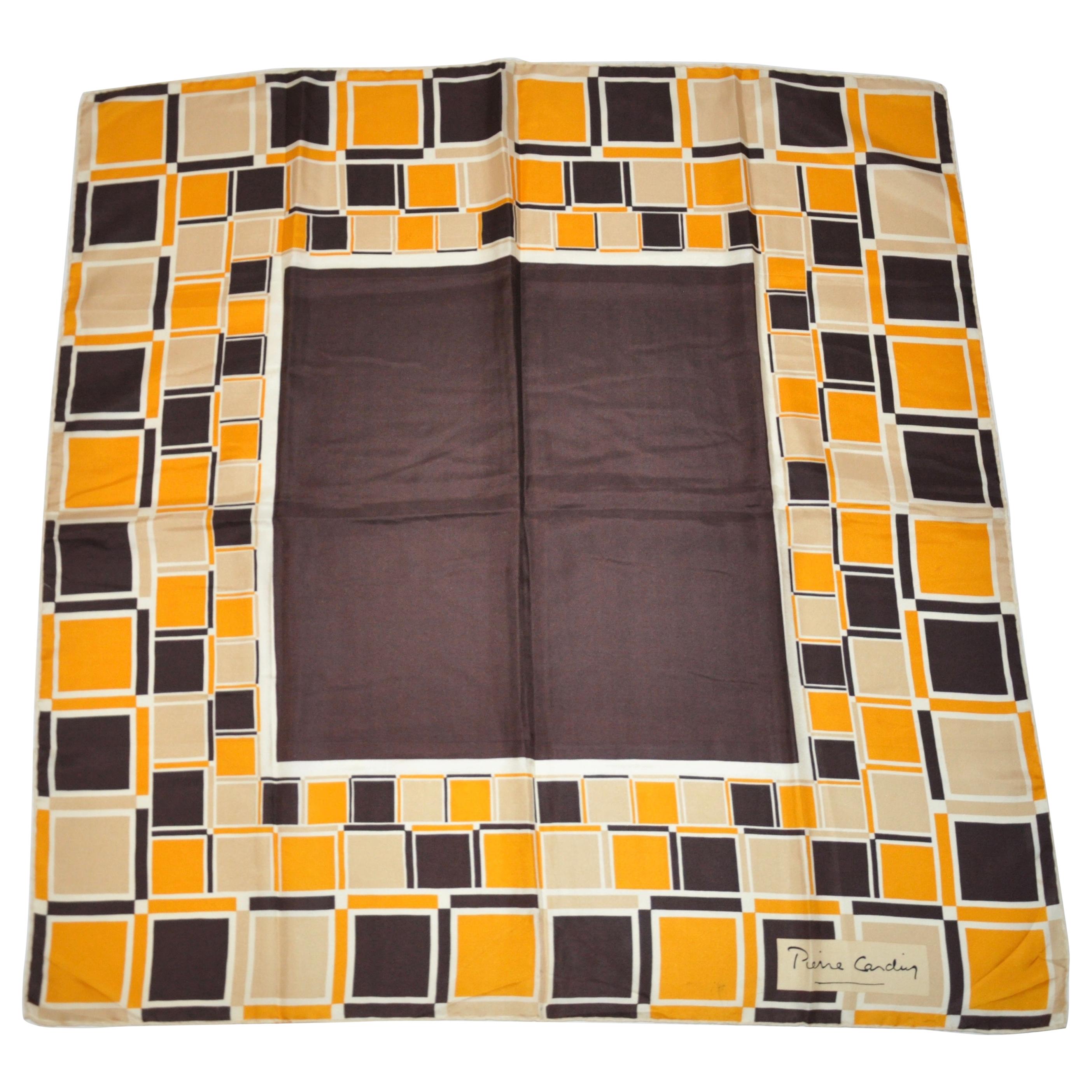 Rare Pierre Cardin Shades of Browns & Yellows "Geometric Blocks" Silk Scarf For Sale