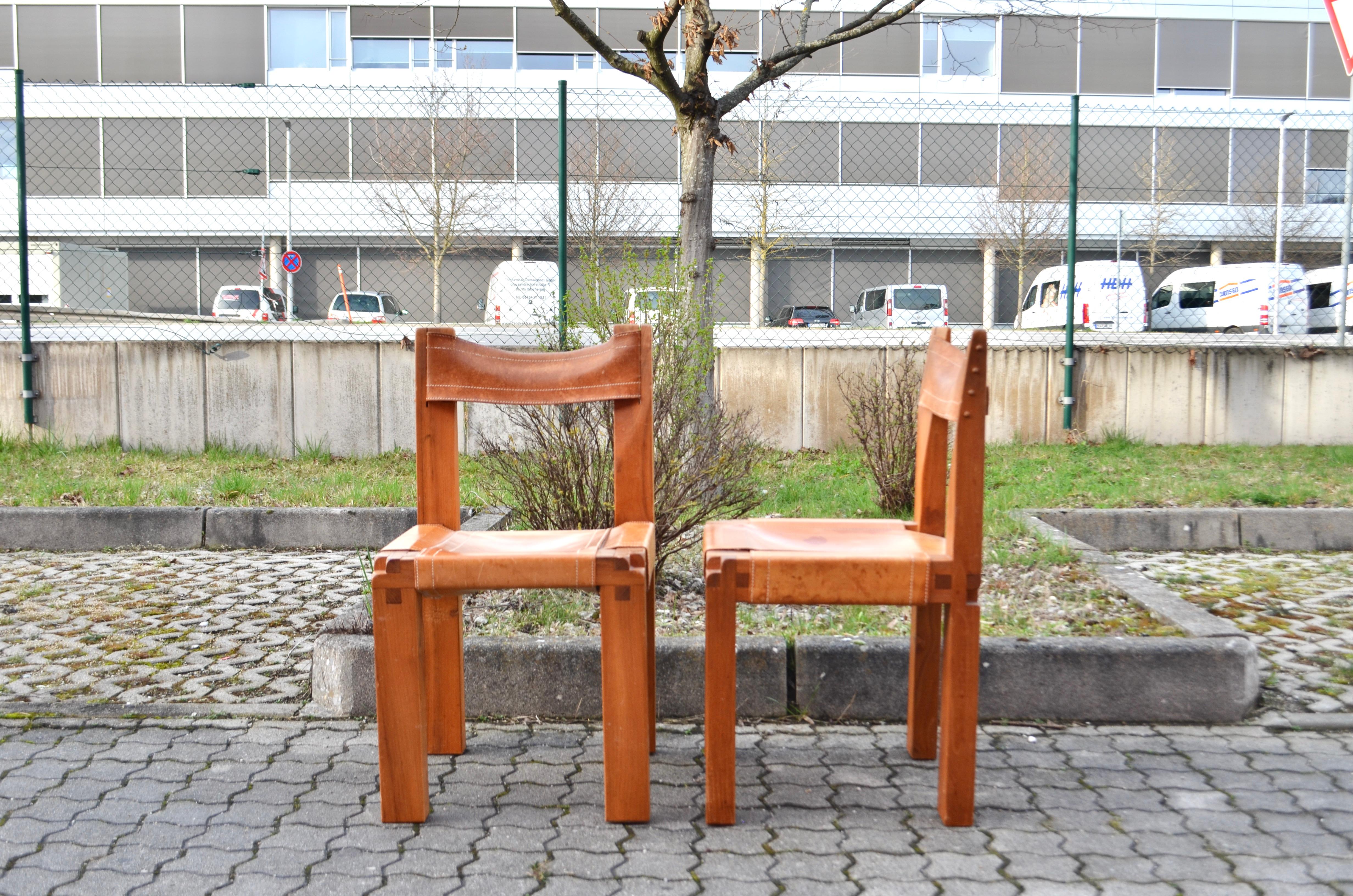Rare ensemble de 3 chaises de salle à manger S11 en selle cognac Pierre Chapo Bon état - En vente à Munich, Bavaria