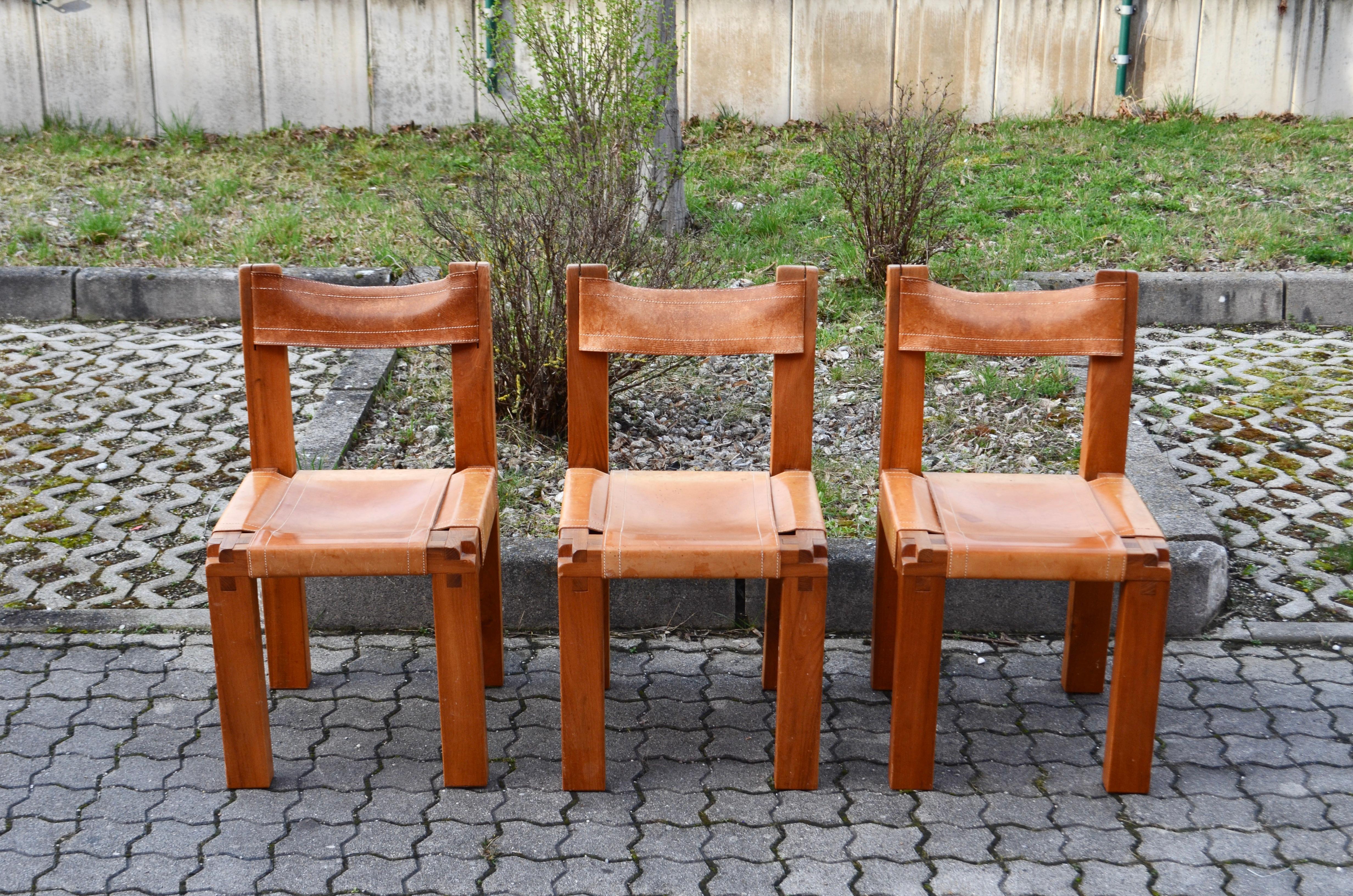 Late 20th Century Rare Pierre Chapo S11 Saddle Cognac Dining Chair Set of 3 For Sale