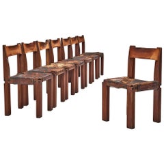 Rare Pierre Chapo Set of Eight 'S11' Chairs in Sipo Wood and Patinated Leather