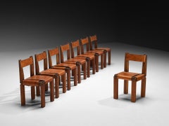 Rare Pierre Chapo Set of Eight S11 Dining Chairs in Sipo Wood and Leather