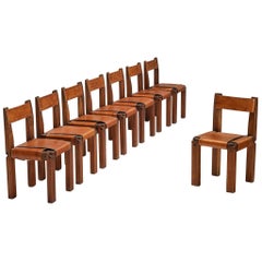 Rare Pierre Chapo Set of Eight S11 Dining Chairs in Sipo Wood and Leather