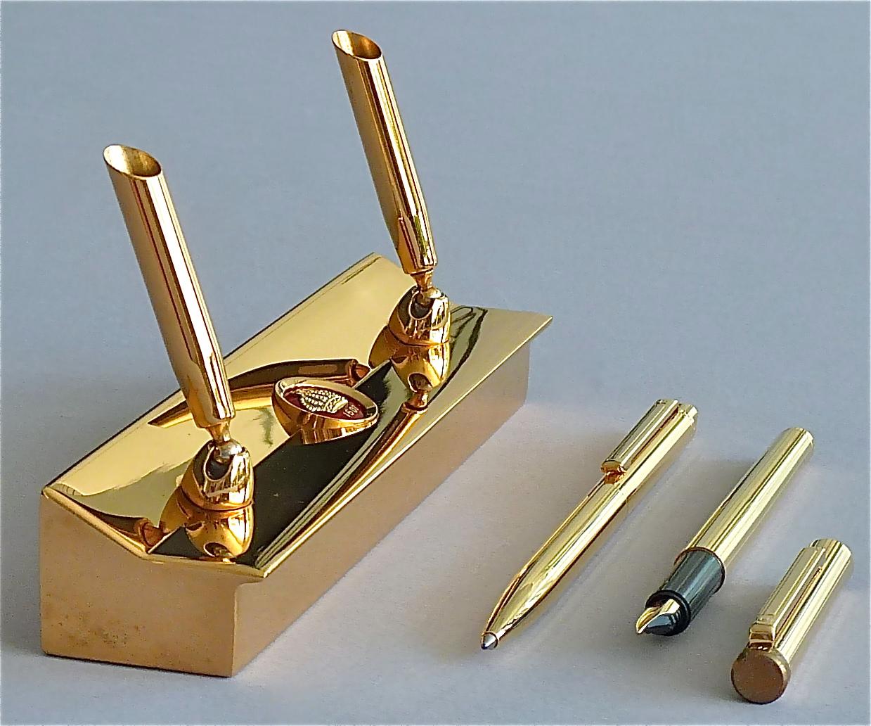 Rare Pierre Forsell Skultuna Writing Desk Set Gilt Brass Fountain Pen Ball Pen In Good Condition In Nierstein am Rhein, DE