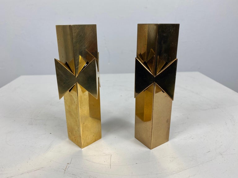 Stunning, modernist brass / bronze candlesticks designed by Pierre Forssell for Skultuna, Sweden. Stamped with makers mark.