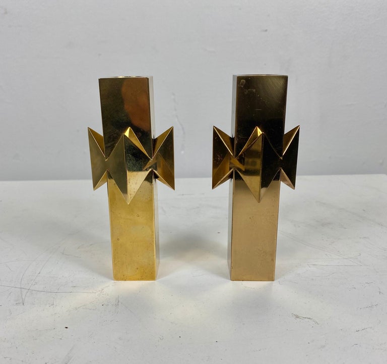 Rare Pierre Forssell for Skultuna Solid Brass Candlesticks, 1960s, Sweden In Excellent Condition For Sale In Buffalo, NY