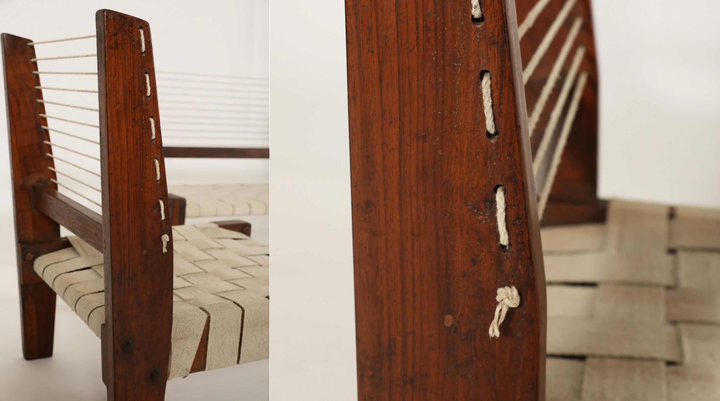 Spectacular Pierre Jeanneret Rope Sofa and Chairs In Good Condition For Sale In New York, NY