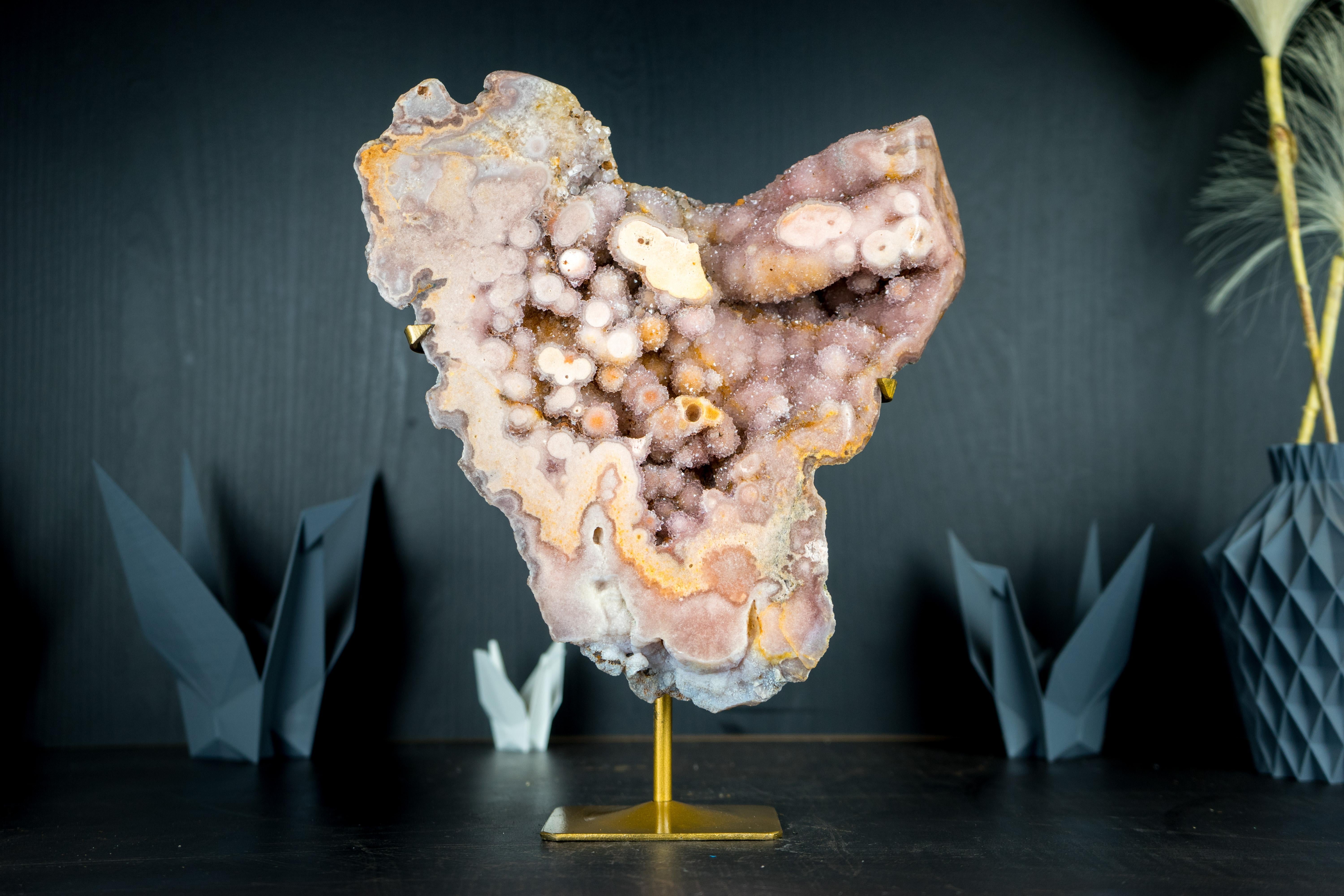 Brazilian Rare Pink Amethyst Geode Slab with AAA Yellow and Rose Amethyst Sparkly Druzy For Sale