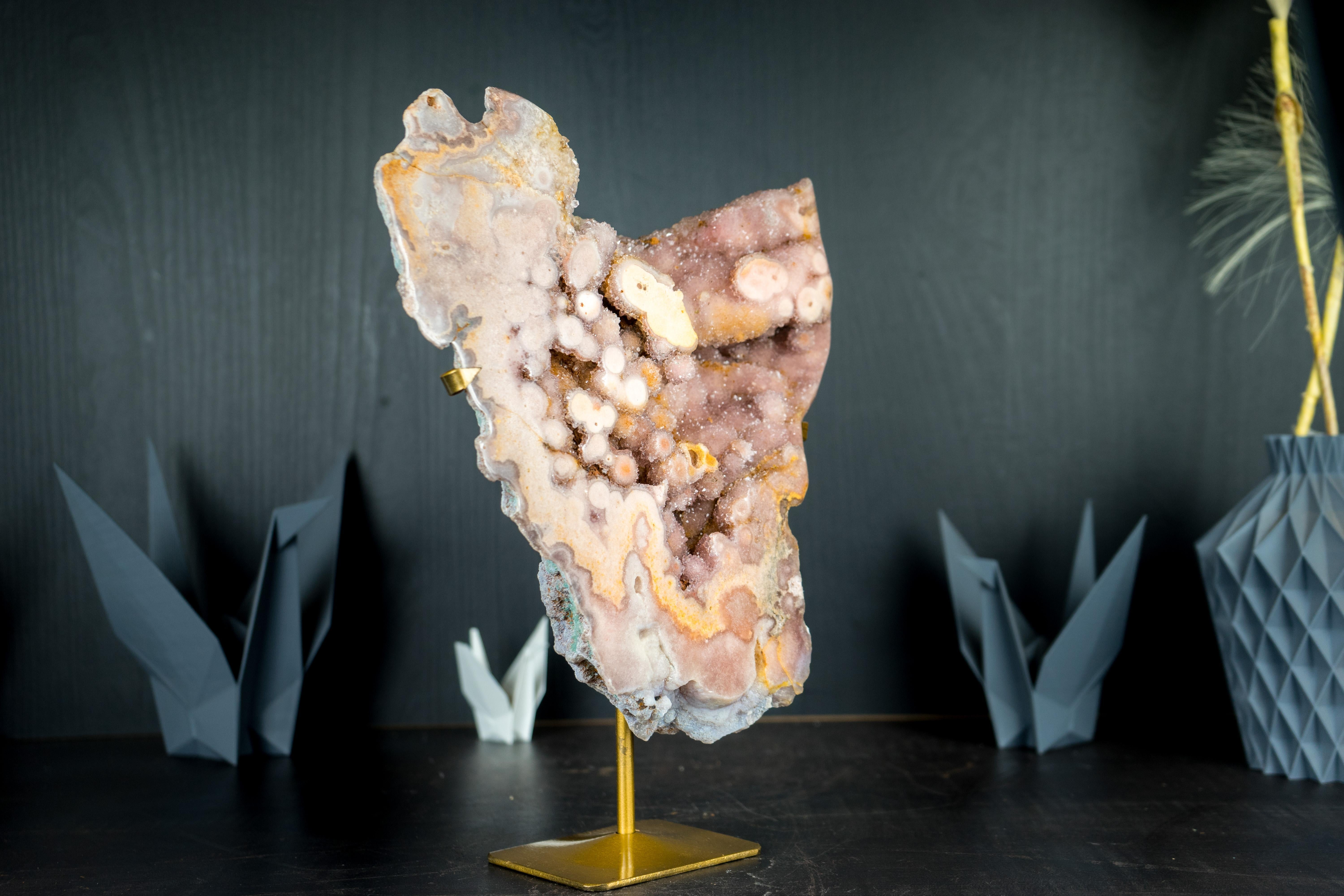 Rare Pink Amethyst Geode Slab with AAA Yellow and Rose Amethyst Sparkly Druzy For Sale 1