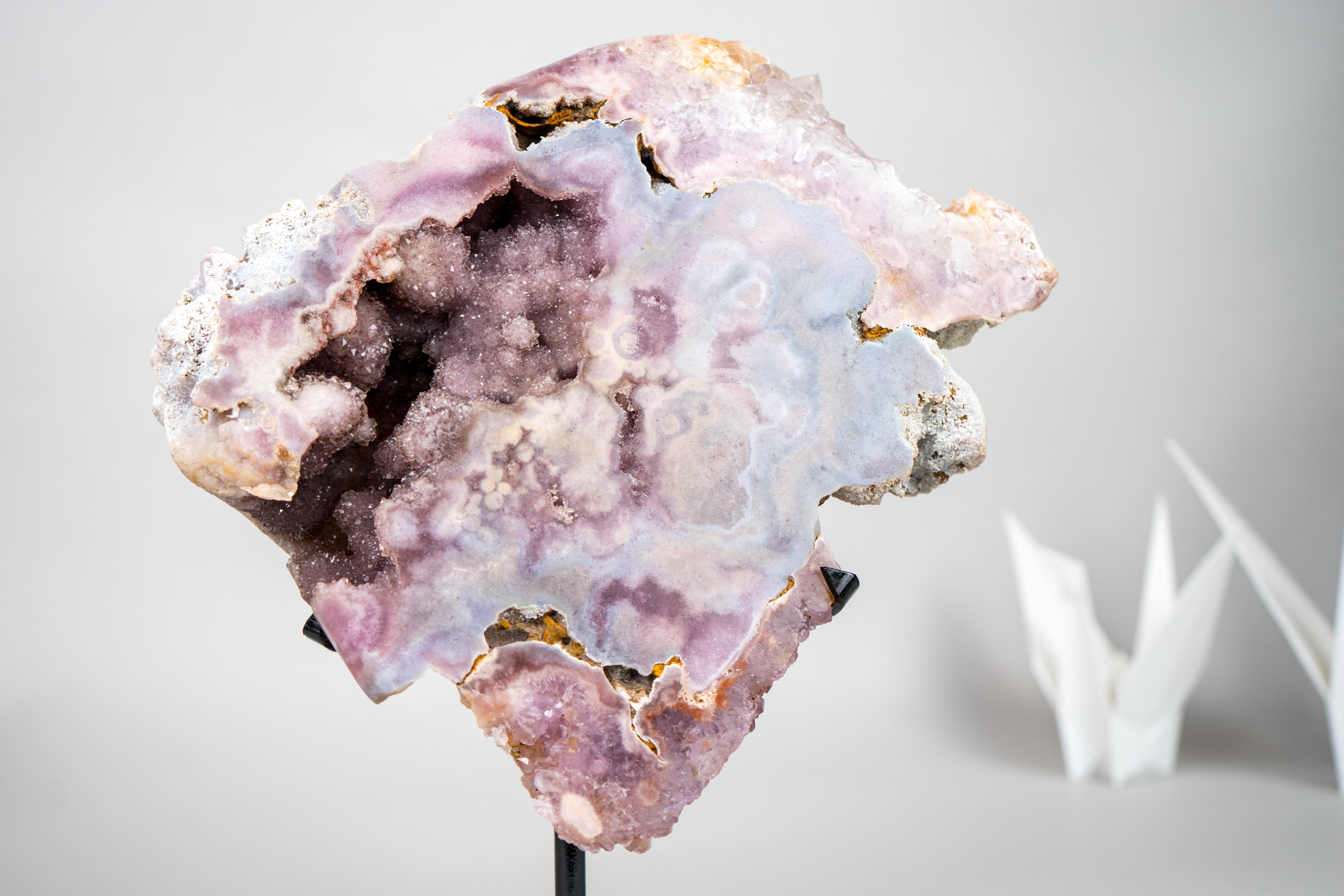 Contemporary Rare Pink Amethyst Geode with Sparkling Purple and Pink Druzy For Sale