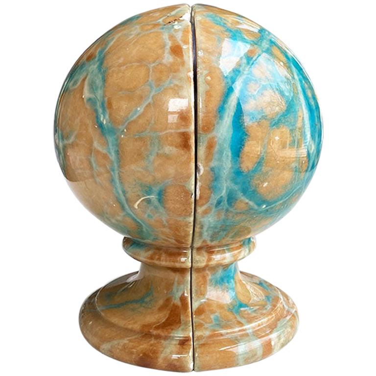 Rare Pink and Blue Marbled Alabaster Stone Globe Bookends, Italy