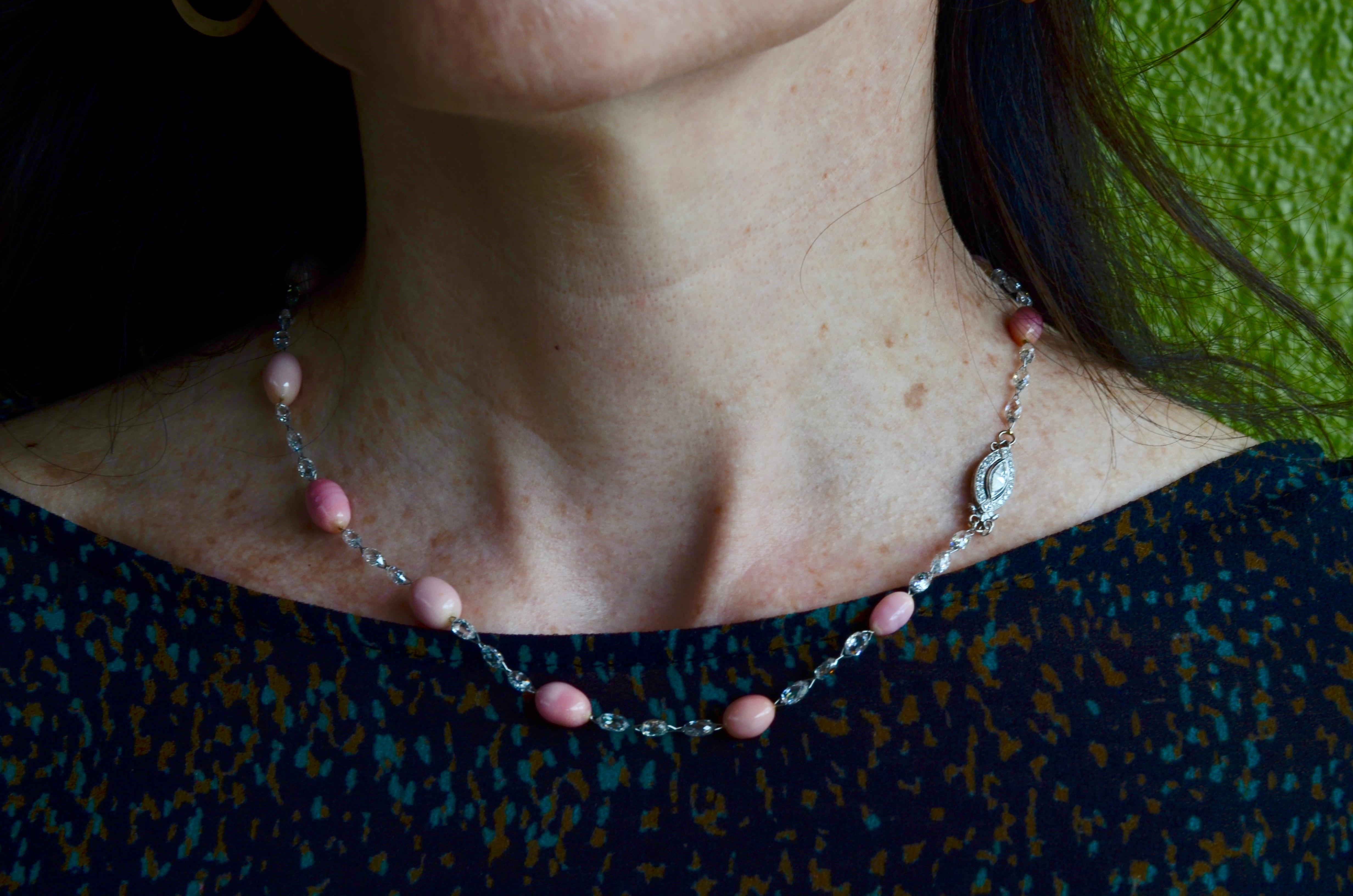 Modern Rare Pink Conch Natural Pearls, Diamond Beads and Platinum Necklace