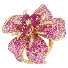 Rare Pink Diamond Ruby Pink Sapphire Flower 14 Karat Ring