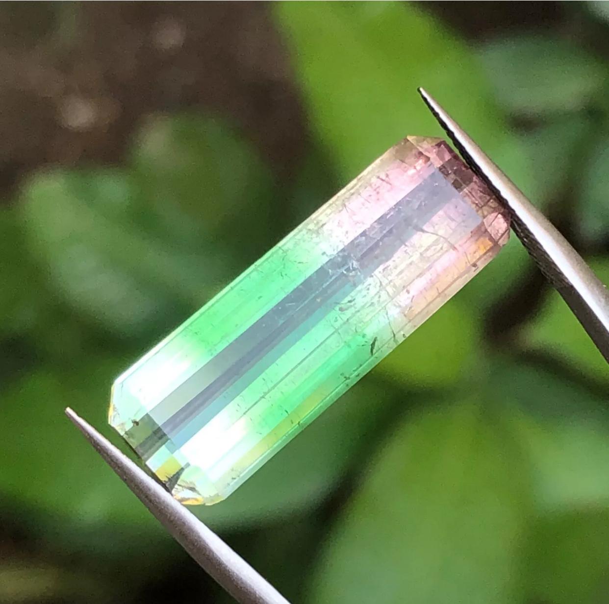 Rare Pink, Green & Aqua Tricolor Natural Tourmaline Gemstone 13.45Ct Emerald Cut For Sale 1