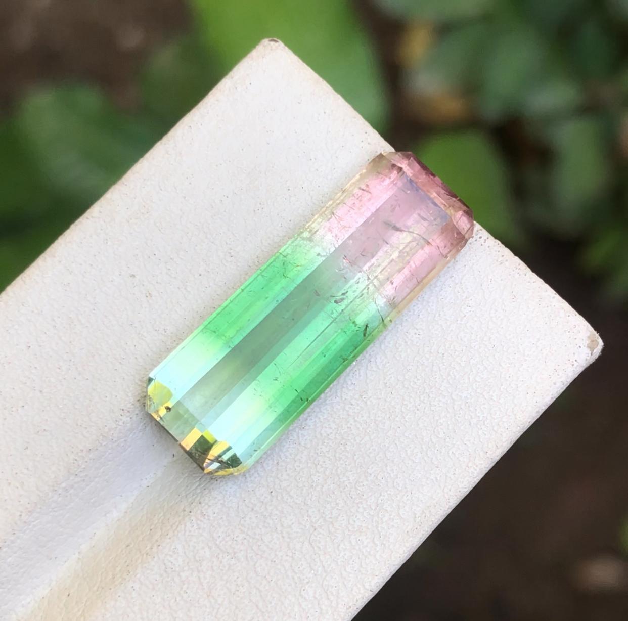 Rare Pink, Green & Aqua Tricolor Natural Tourmaline Gemstone 13.45Ct Emerald Cut For Sale 2