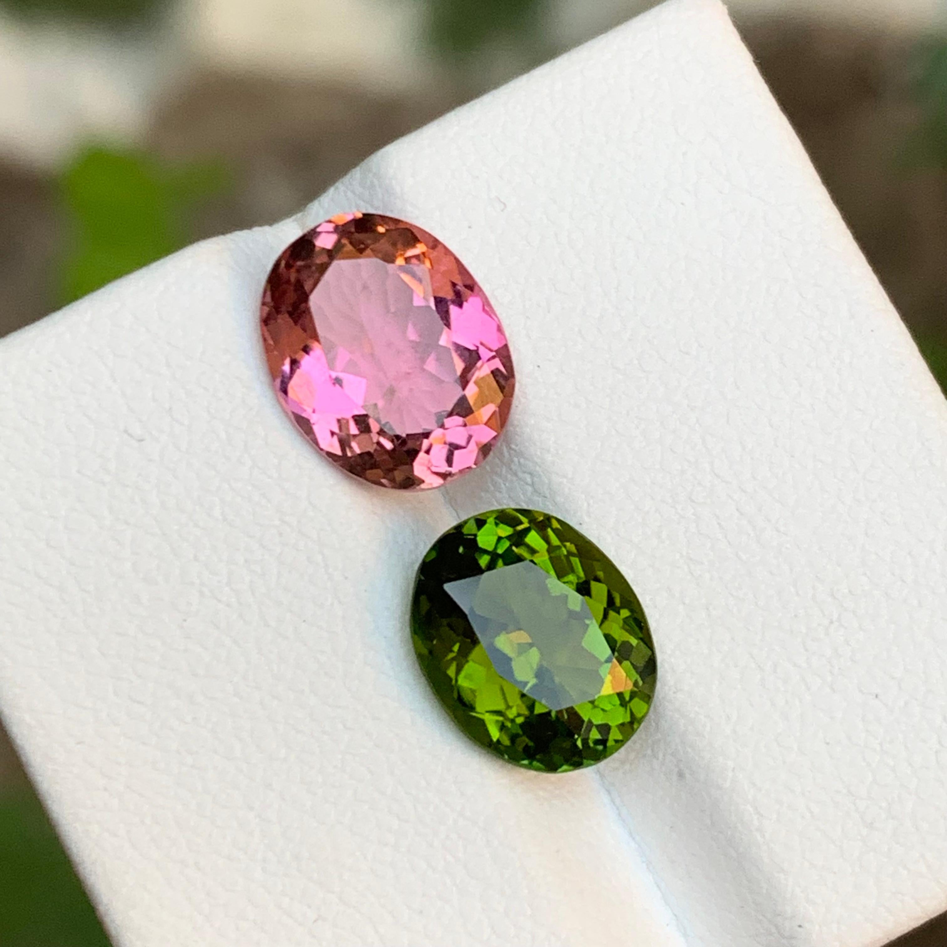 GEMSTONE TYPE: Tourmaline
PIECE(S): 2
WEIGHT: 5.25 Carats
SHAPE: Oval Cushion Cut
SIZE (MM): 
Pink: 2.75 Carat= 10.58 x 8.37 x 4.83
Green 2.50 Carat= 9.91 x 8.07 x 5.15
COLOR: Vivid Pink and Rich Green
CLARITY: Approx Eye Clean
TREATMENT: