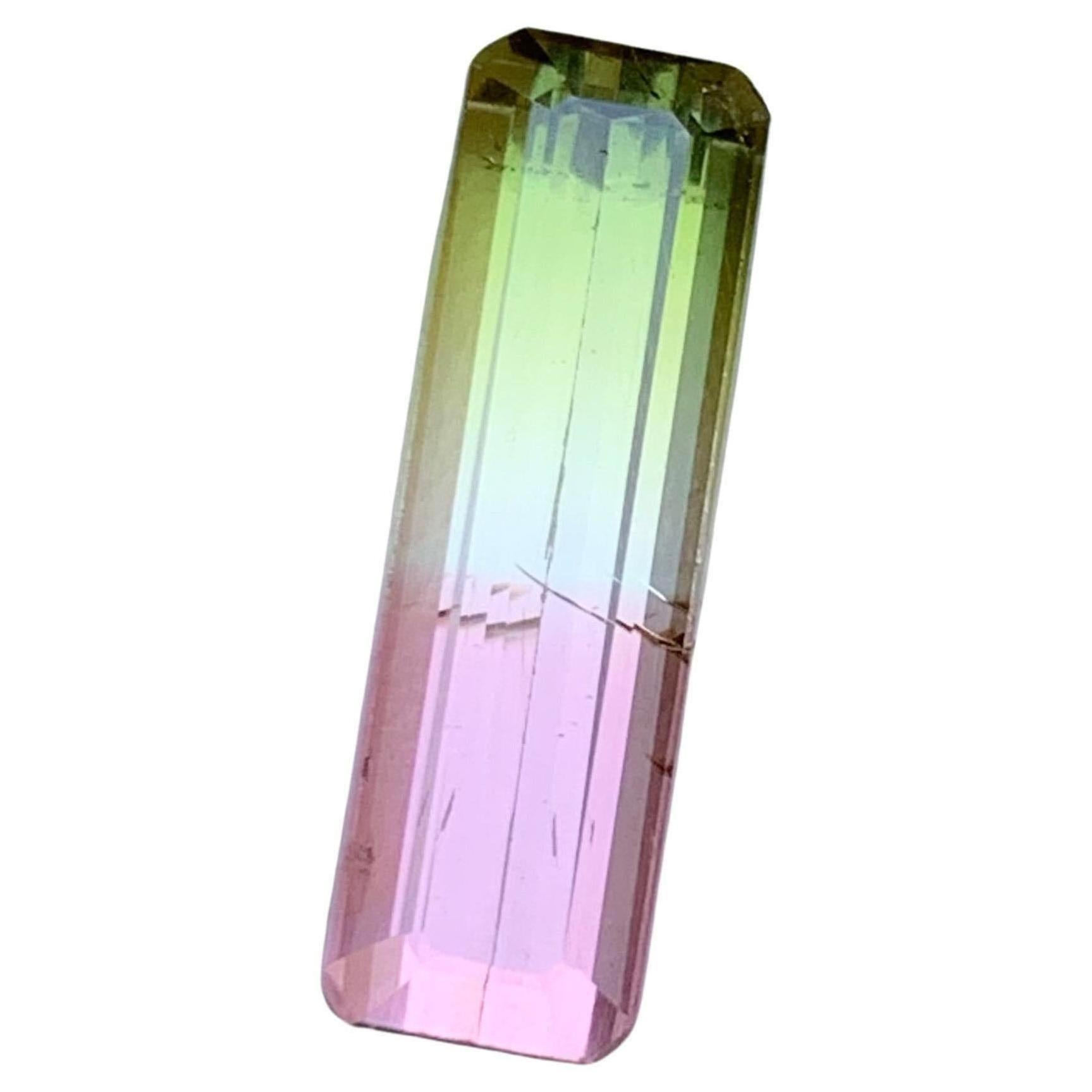 GEMSTONE TYPE: Tourmaline
PIECE(S): 1
WEIGHT: 5.90 Carats
SHAPE: Emerald 
SIZE (MM): 19.23 x 6.05 x 5.25
COLOR: Bicolor
CLARITY: Slightly Included 
TREATMENT: None
ORIGIN: Afghanistan
CERTIFICATE: On demand

Behold, a captivating gem born from the