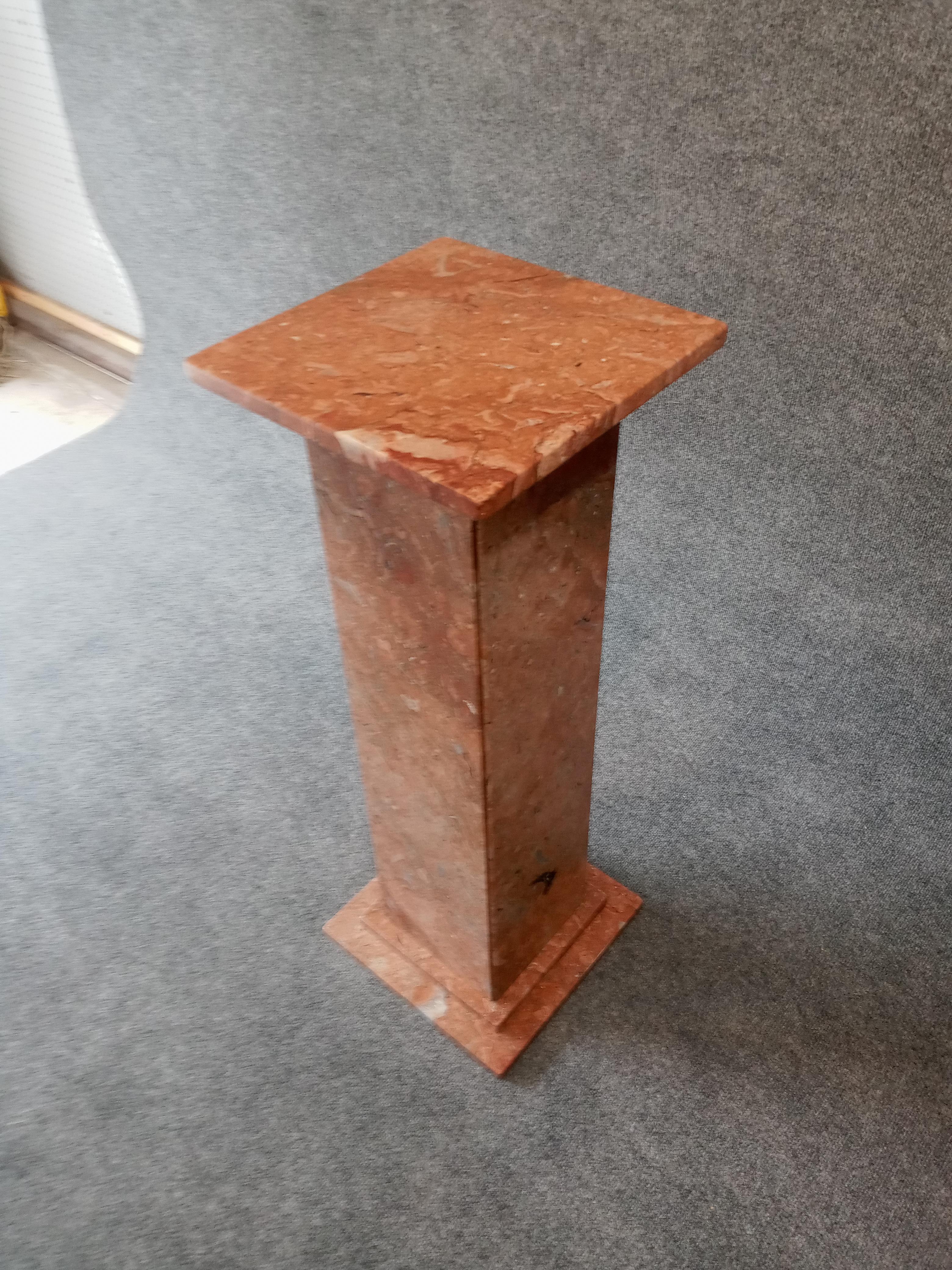 Rare pink marble square top and base pedestal table. Solid marble construction with attractive multi-color graining.