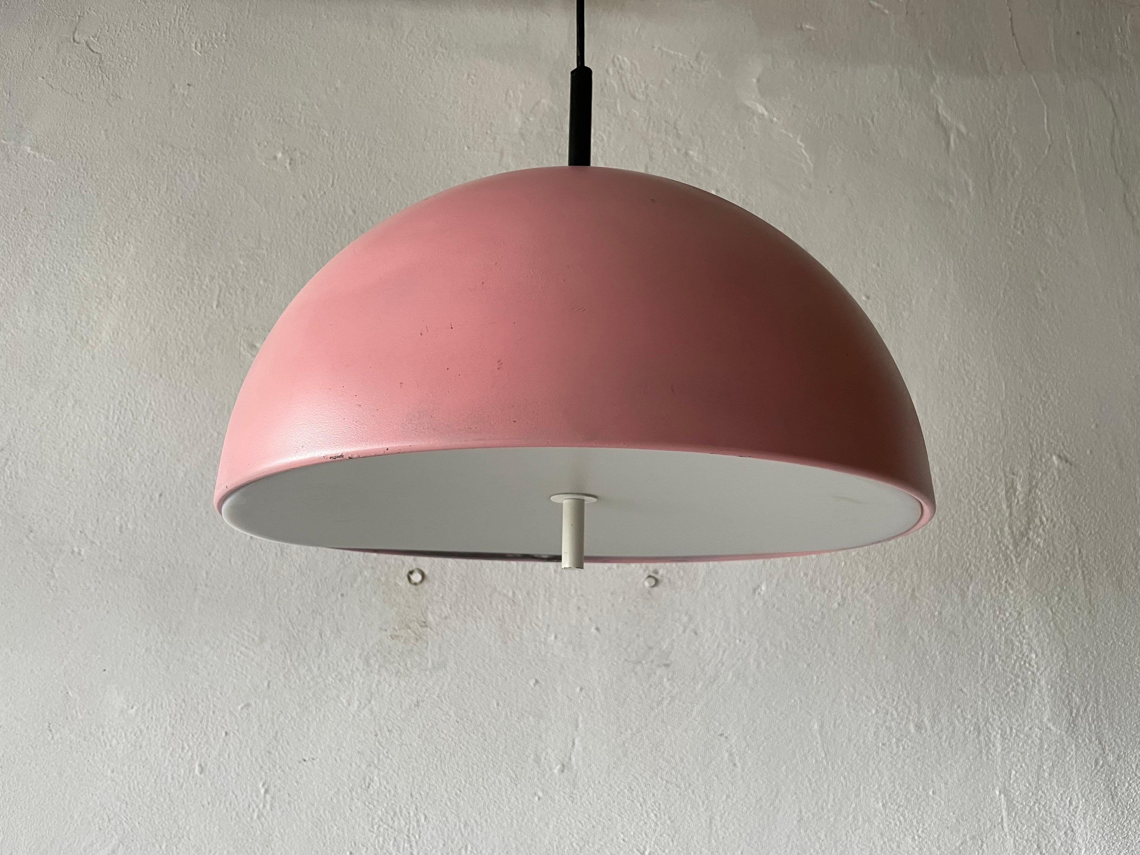 Rare pink metal pendant lamp by Staff, 1970s, Germany

Lampshade is in very good vintage condition.

This lamp works with 2xE27 light bulbs. 
Wired and suitable to use with 220V and 110V for all countries.

Measurements:
Height: 56