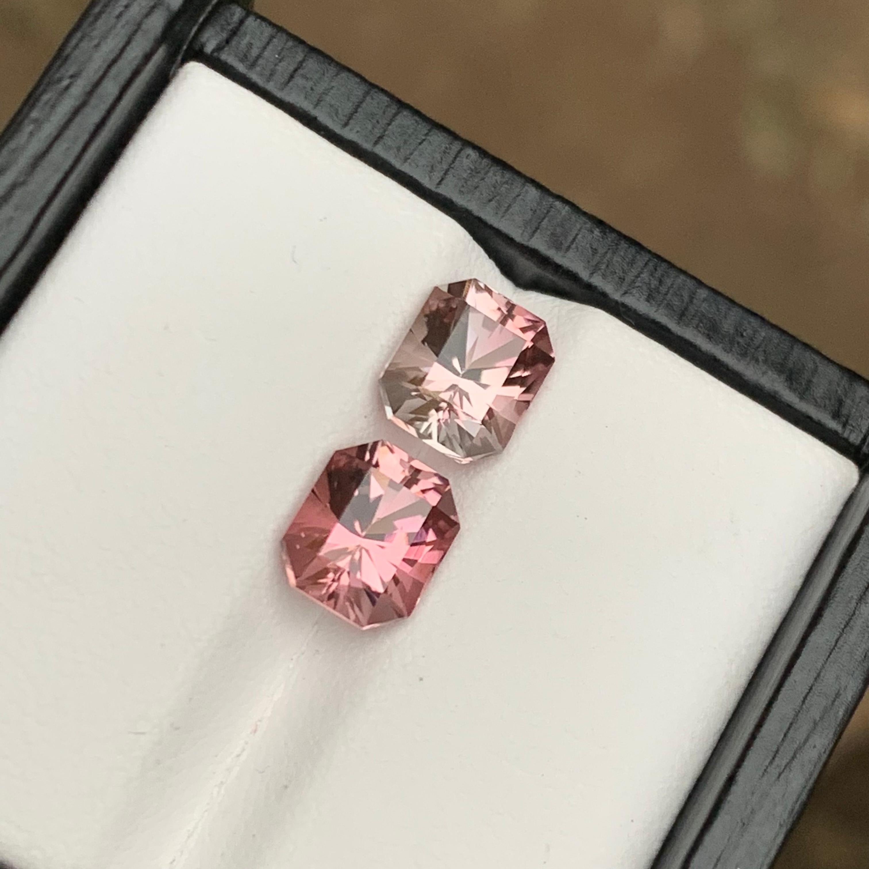 GEMSTONE TYPE: Tourmaline
PIECE(S): 2
WEIGHT: 3.80 Carat
SHAPE: Octagon Emerald Cut
SIZE (MM): 
1.95 Ct: 7.59 x 6.40 x 5.64
1.85 Ct: 7.59 x 6.44 x 5.47
COLOR: Pink
CLARITY: Eye Clean
TREATMENT: None
ORIGIN: Afghanistan
CERTIFICATE: On demand

Infuse