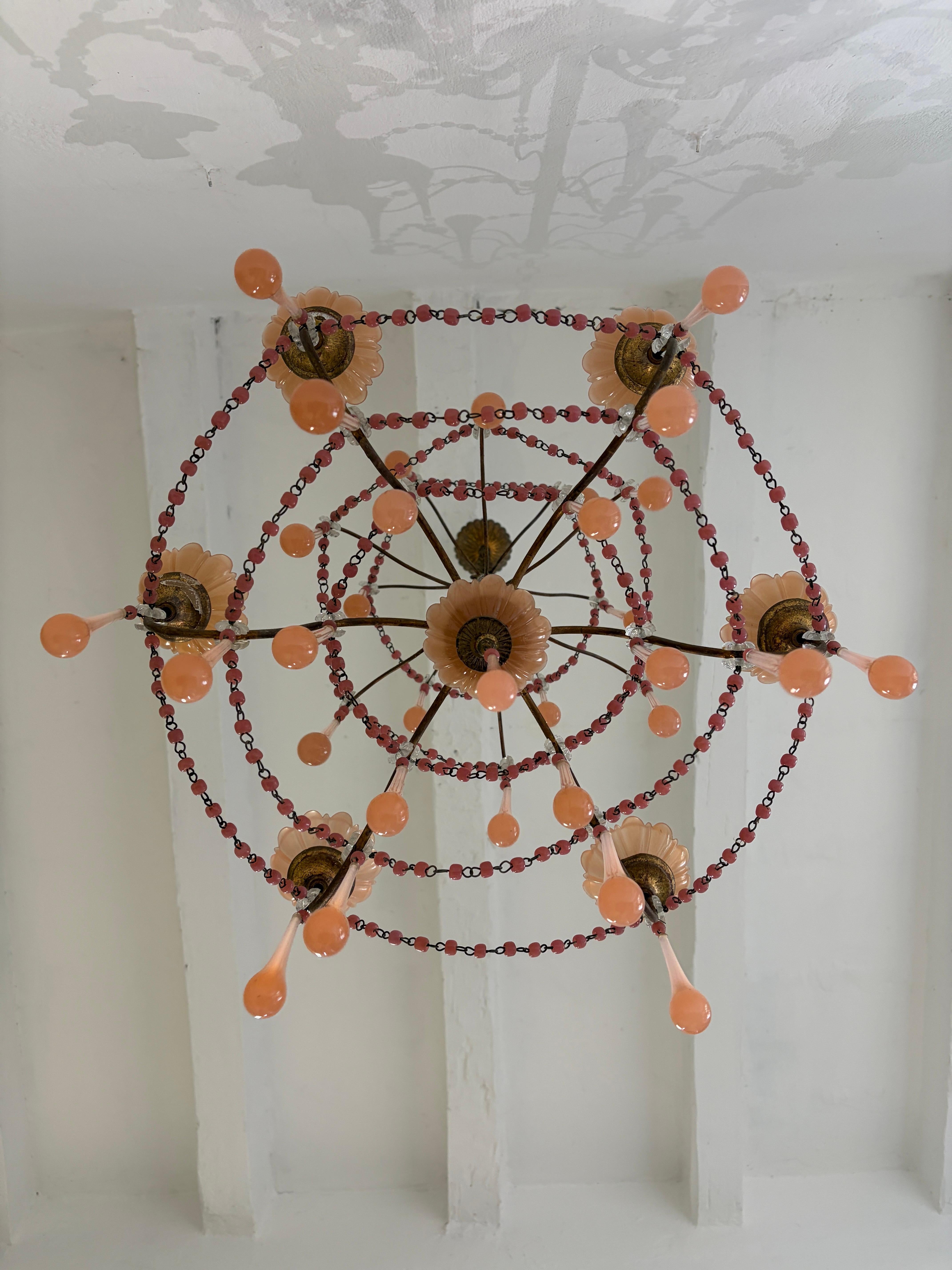 Baroque Rare Pink Opaline Drops, Beads and Bobeches  Micro Beaded, Chandelier circa 1920 For Sale
