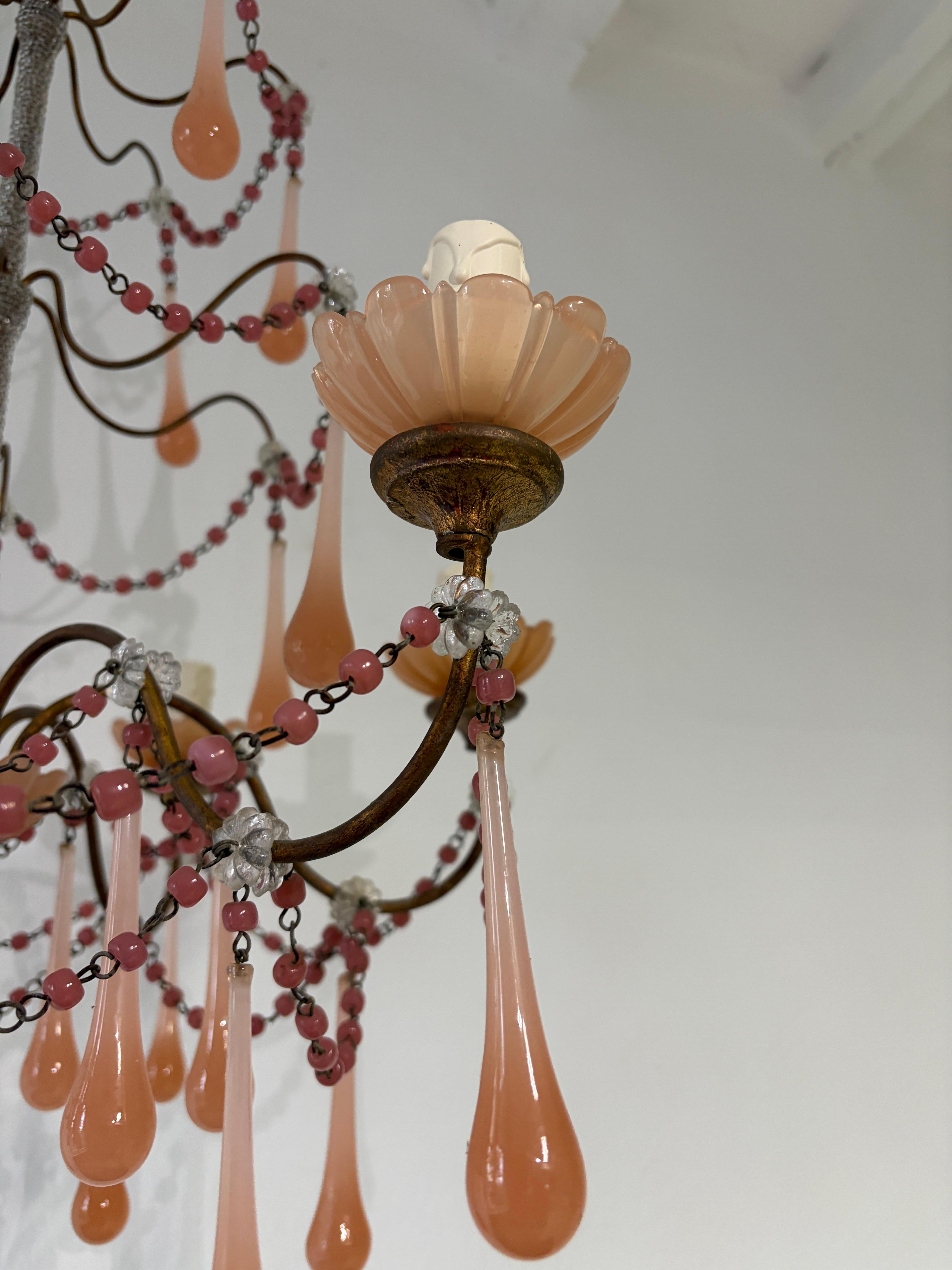 French Rare Pink Opaline Drops, Beads and Bobeches  Micro Beaded, Chandelier circa 1920 For Sale
