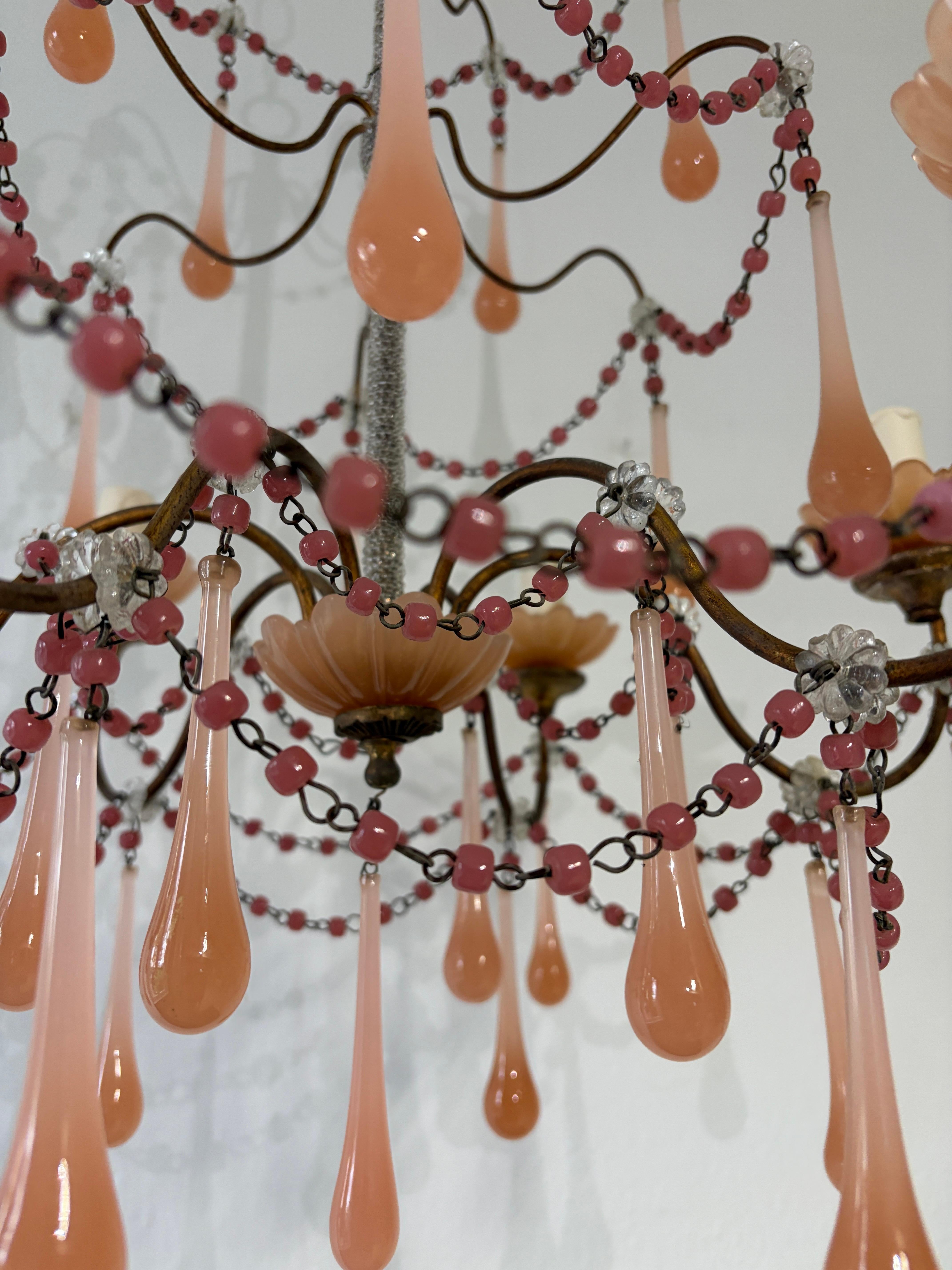 Rare Pink Opaline Drops, Beads and Bobeches  Micro Beaded, Chandelier circa 1920 In Good Condition For Sale In Firenze, Toscana