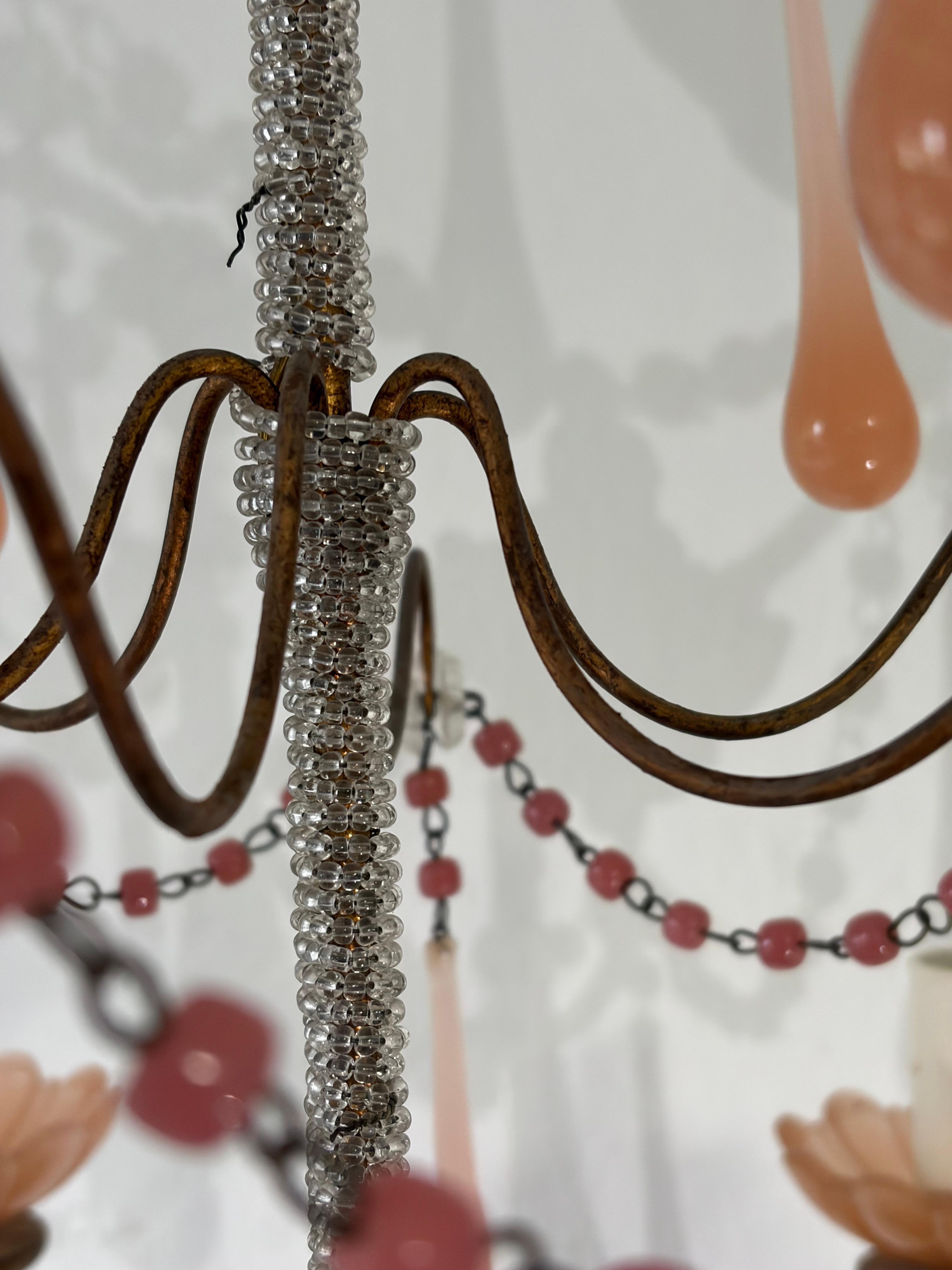 Early 20th Century Rare Pink Opaline Drops, Beads and Bobeches  Micro Beaded, Chandelier circa 1920 For Sale