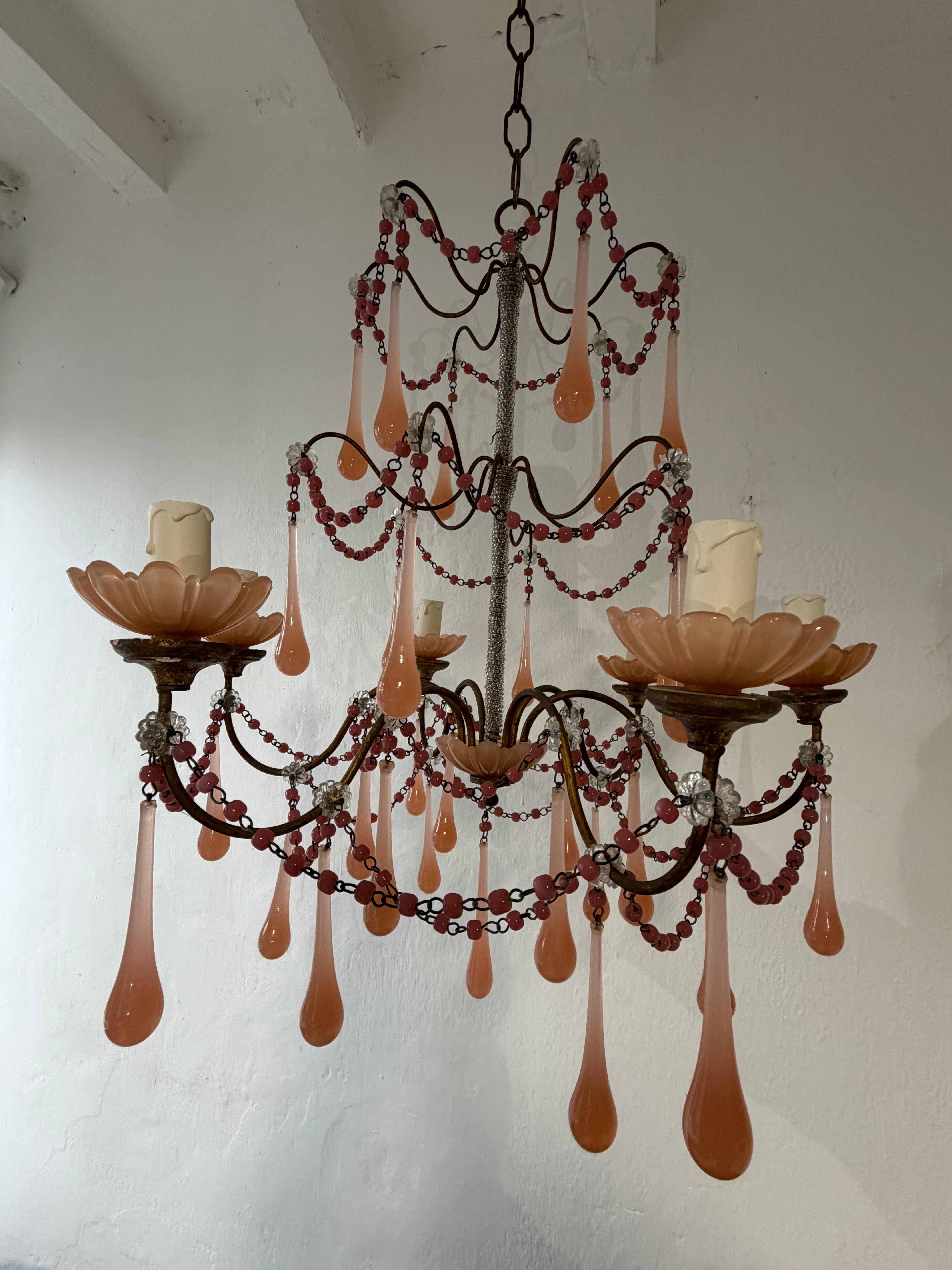 Murano Glass Rare Pink Opaline Drops, Beads and Bobeches  Micro Beaded, Chandelier circa 1920 For Sale