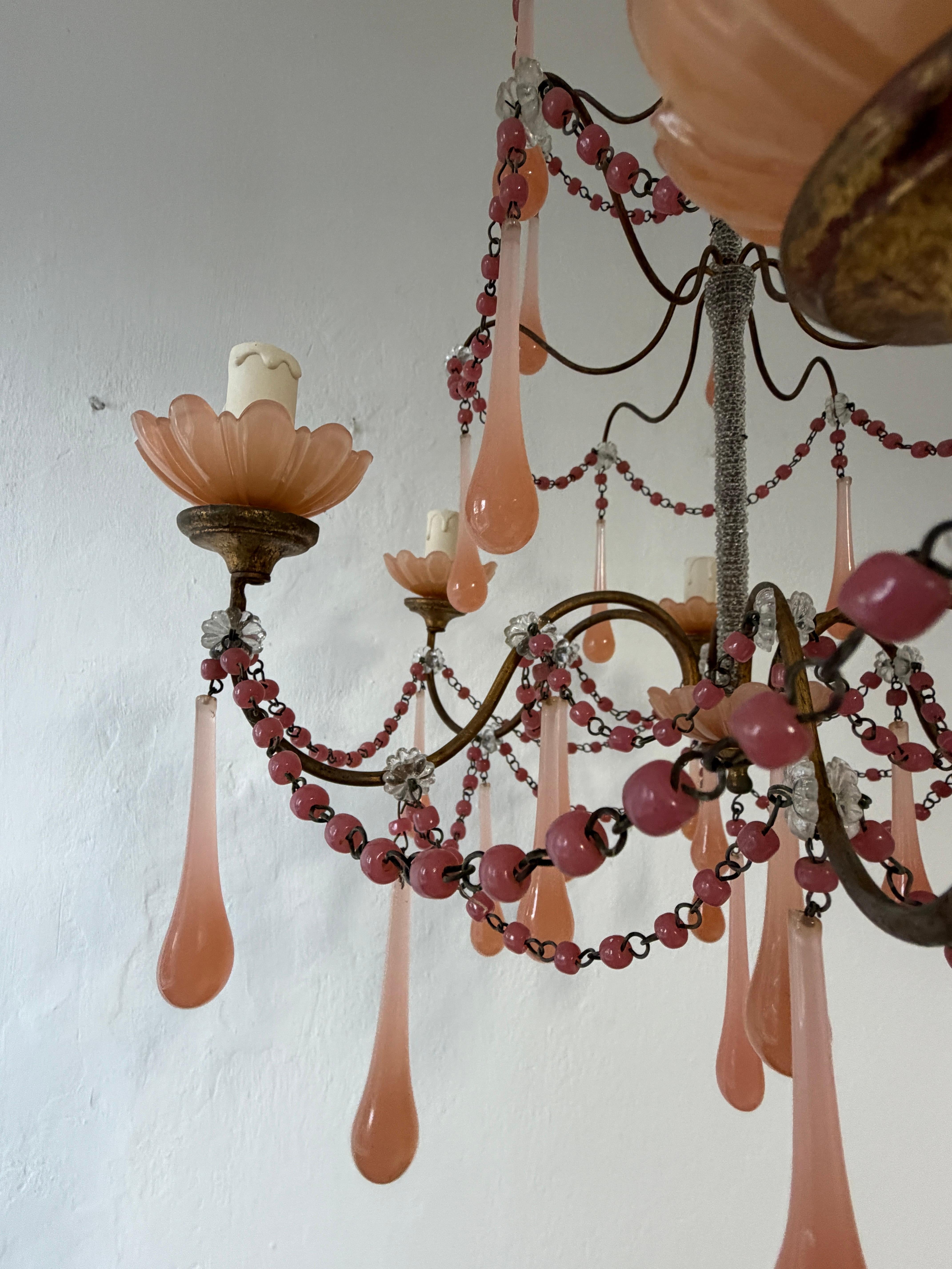 Rare Pink Opaline Drops, Beads and Bobeches  Micro Beaded, Chandelier circa 1920 For Sale 1