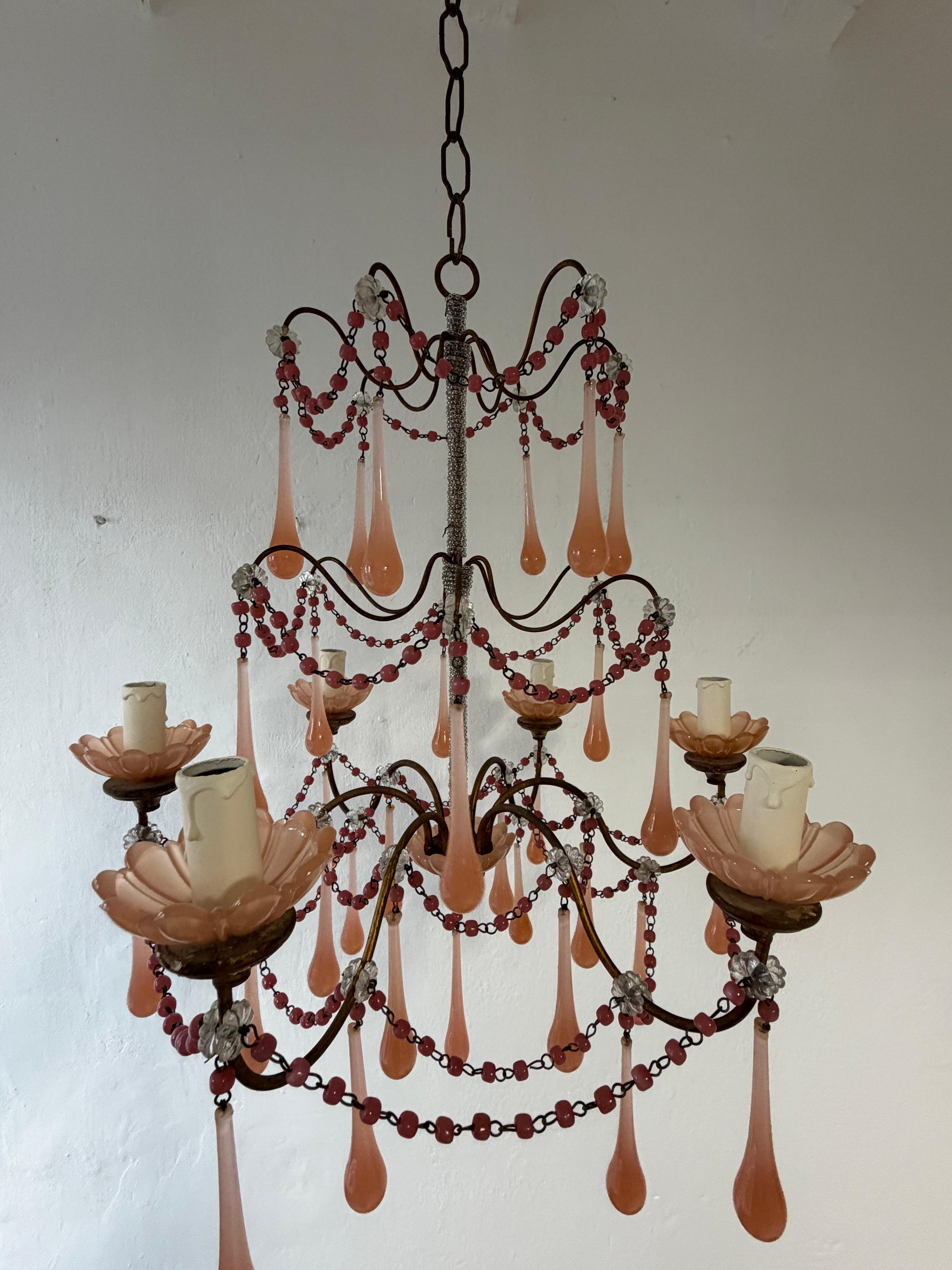 Rare Pink Opaline Drops, Beads and Bobeches  Micro Beaded, Chandelier circa 1920 For Sale 2