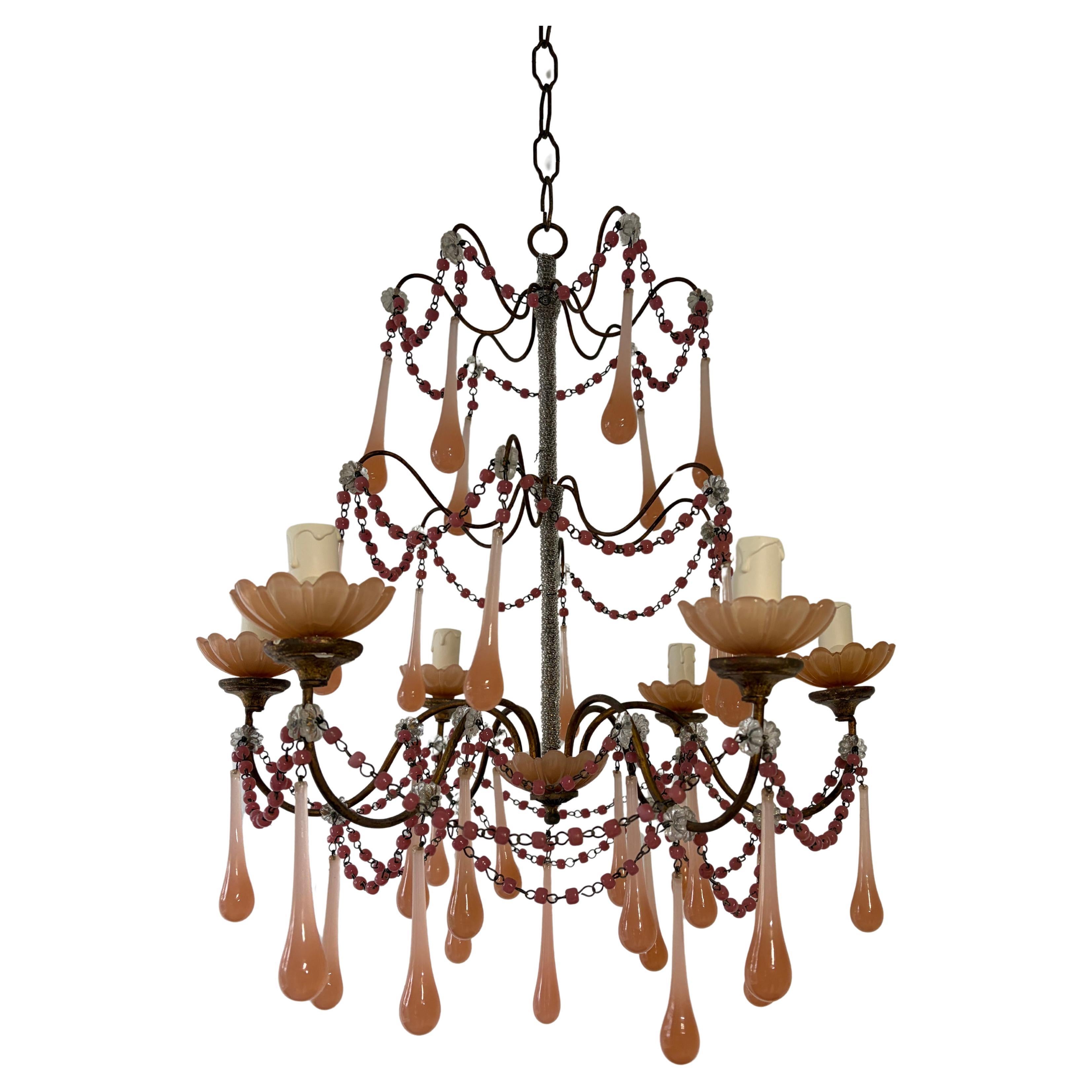 Rare Pink Opaline Drops, Beads and Bobeches  Micro Beaded, Chandelier circa 1920 For Sale