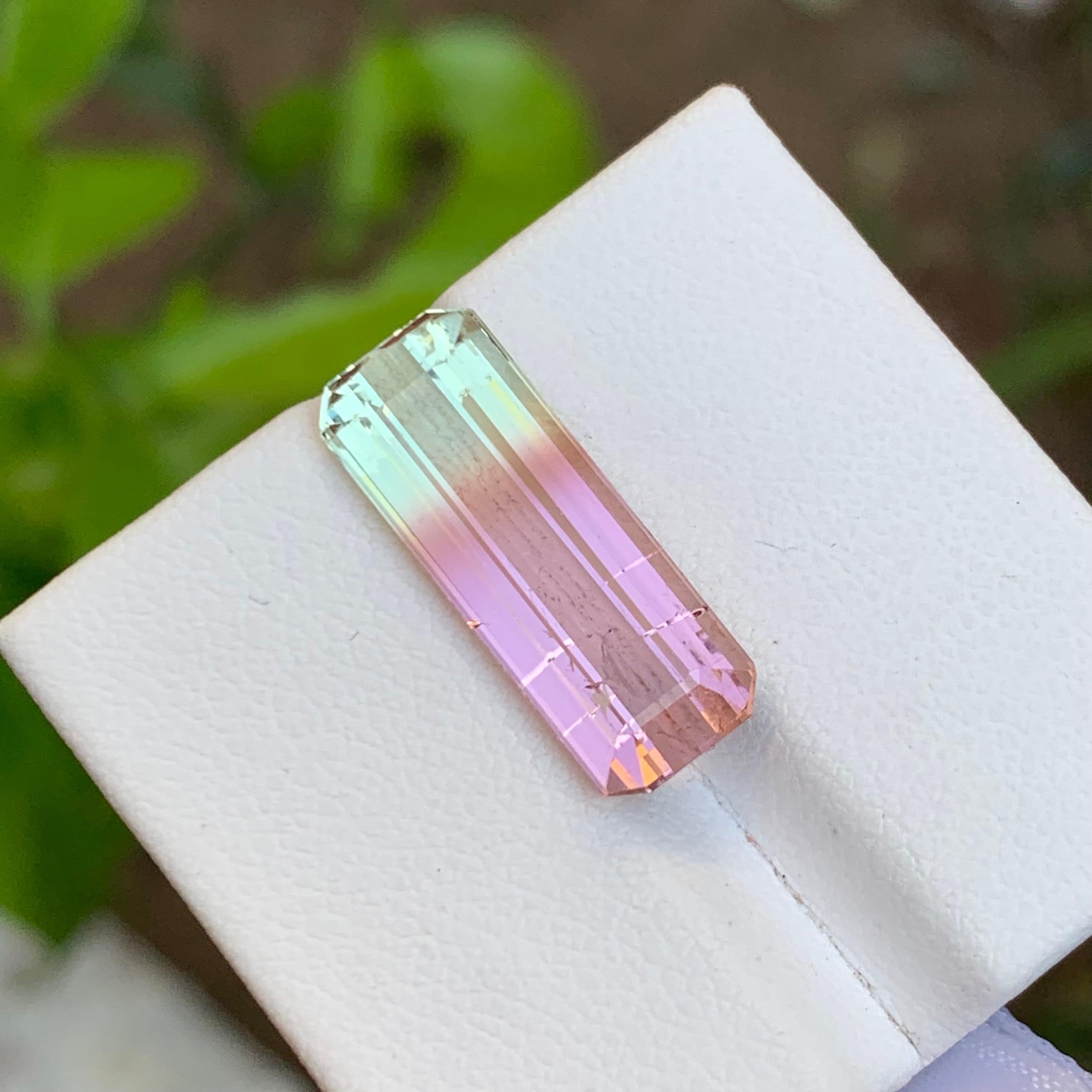 Women's or Men's Rare Pink & Pale Green Bicolor Tourmaline Gemstone, 8.35 Ct Emerald Cut-Necklace For Sale