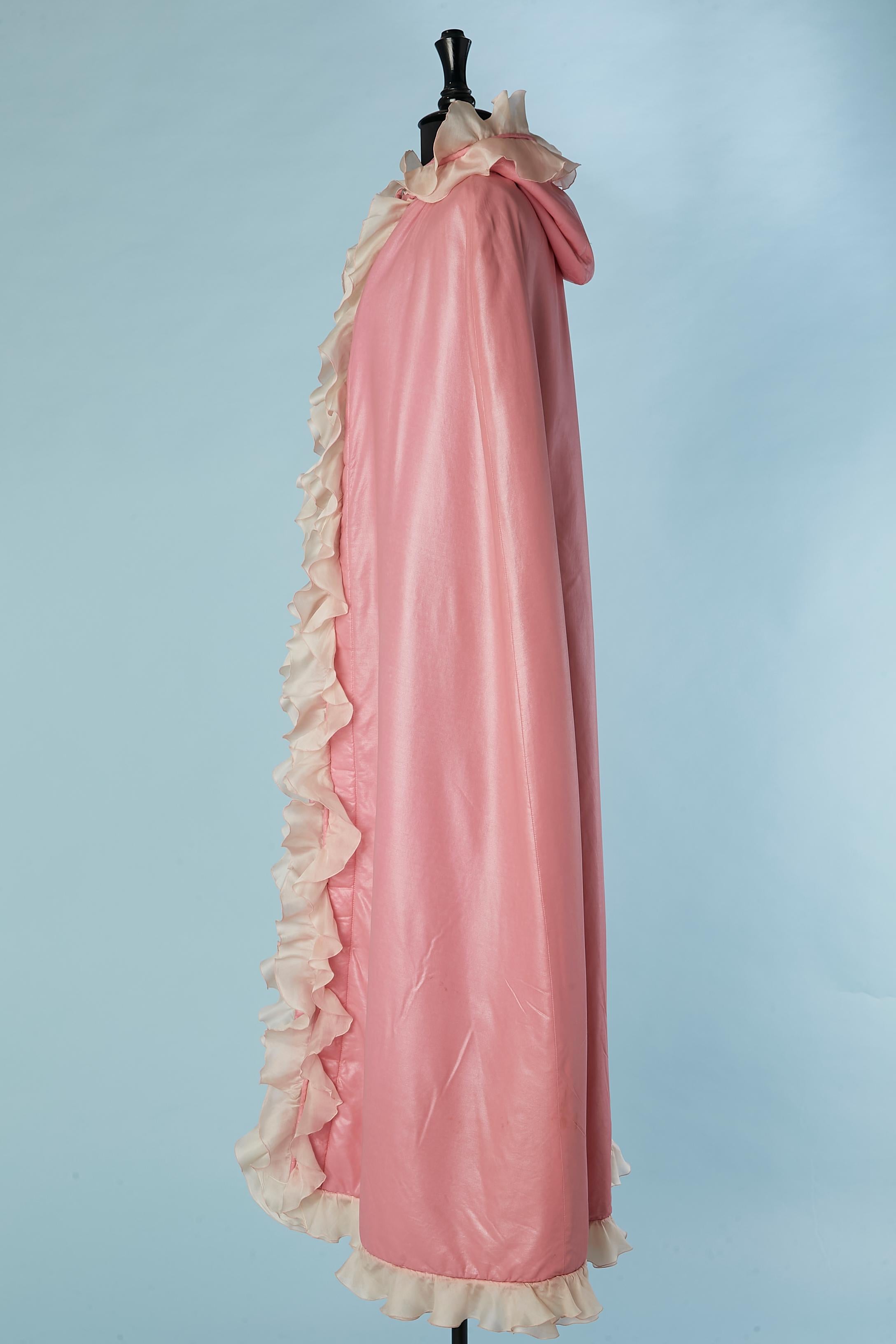 Women's Rare pink quilted cape with hood and organza ruffles edge Courrèges Circa 1960's For Sale