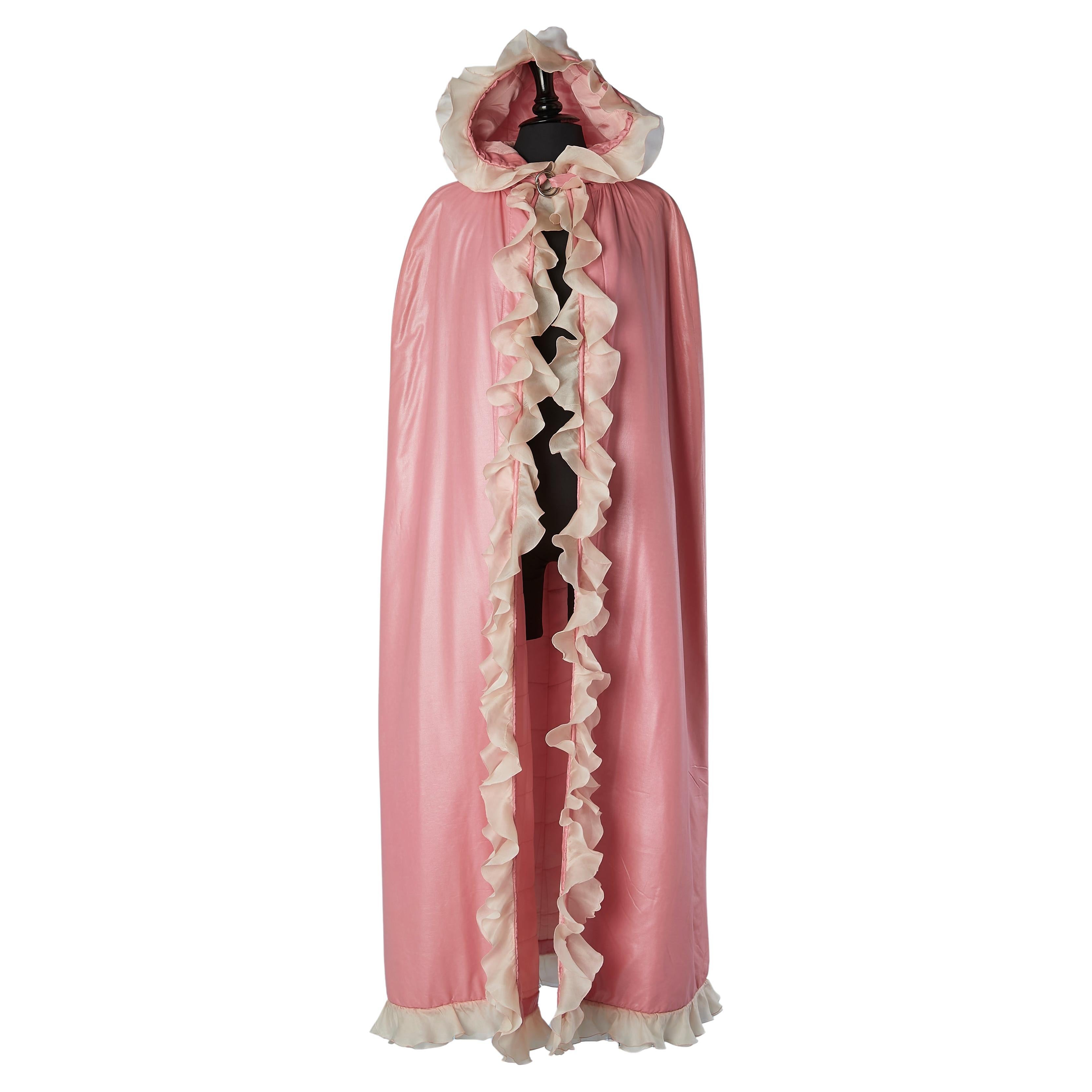 Rare pink quilted cape with hood and organza ruffles edge Courrèges Circa 1960's For Sale