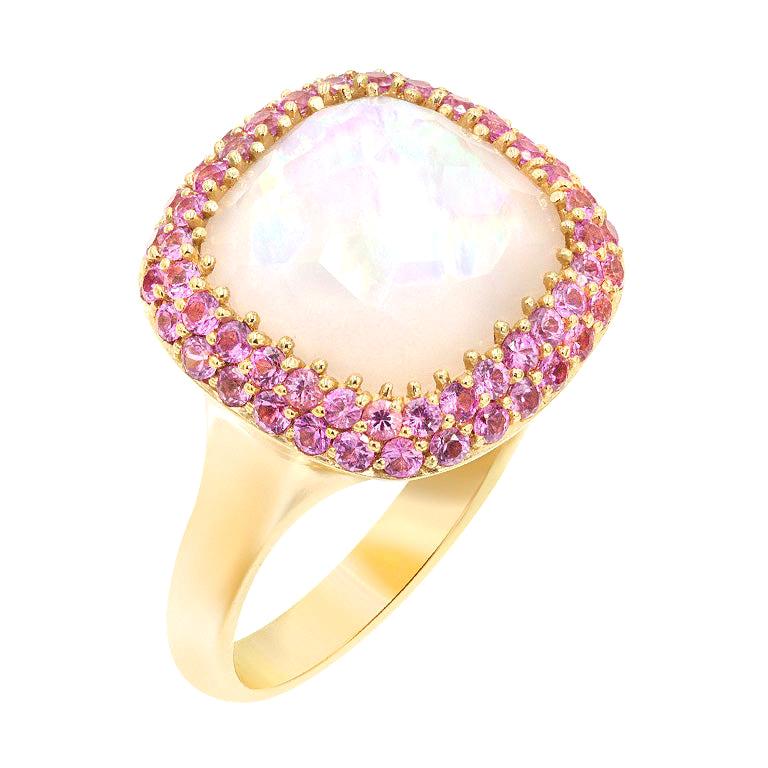 Bague rare en or 18 carats avec saphir rose, nacre et cristal de roche et diamants
